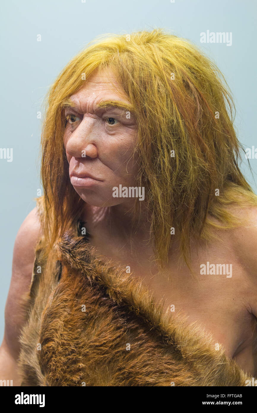 Il Neanderthal con pelliccia uomo in costume Foto Stock