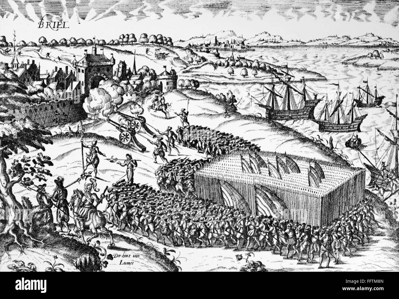 80 anni di guerra, 1572. /NSpanish truppe, guidati dal Duca di Alba, attaccando la cittadina olandese di Brielle, che era stato catturato dai ribelli Protestanti, il mare di mendicanti, il 1 aprile 1572. La linea engrraving da Franz Hogenburg, 1590. Foto Stock