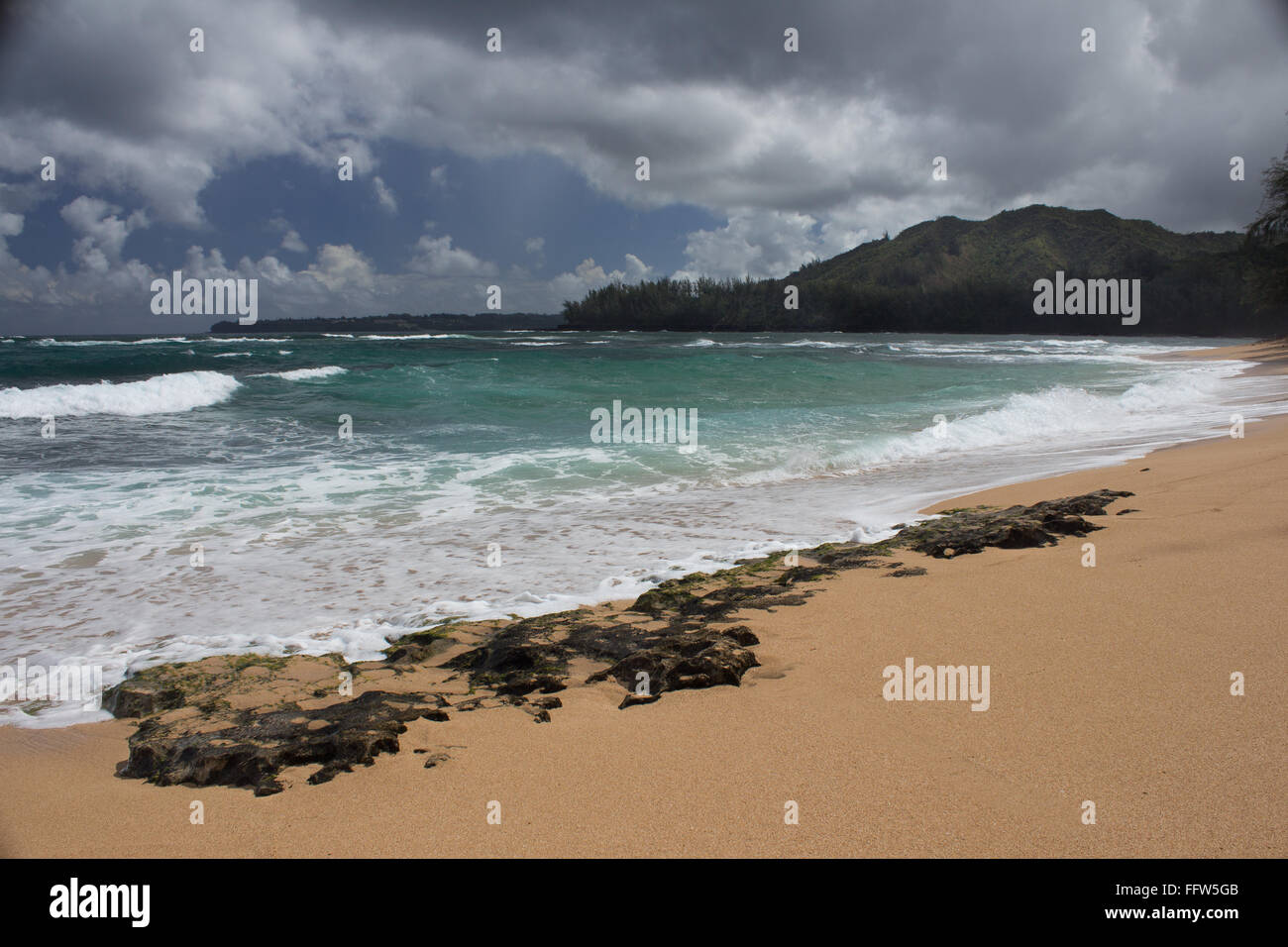 La soleggiata spiaggia di Kauai Foto Stock