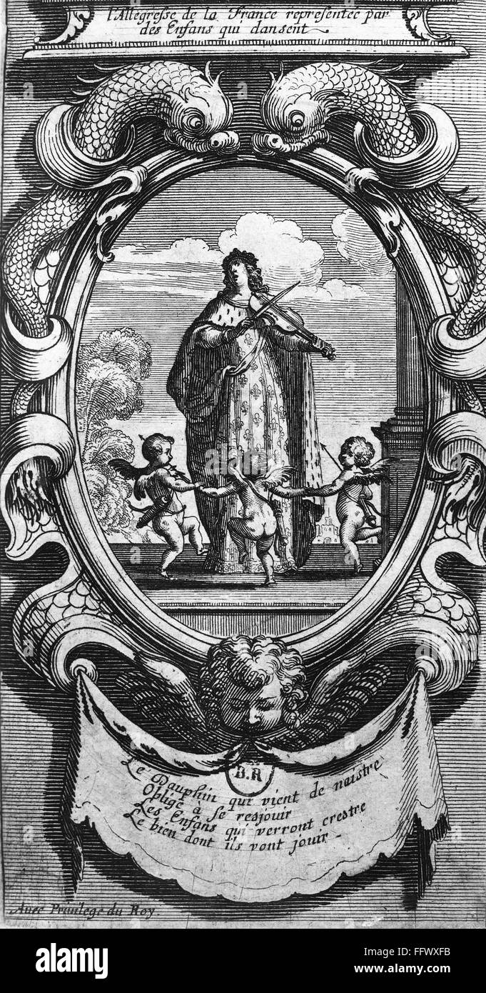 LOUIS, Delfino di Francia /n(1661-1711). Noto come le Grand Dauphin. Rappresentazione allegorica della nascita di le Grand Dauphin. La linea di incisione, c1661. Foto Stock