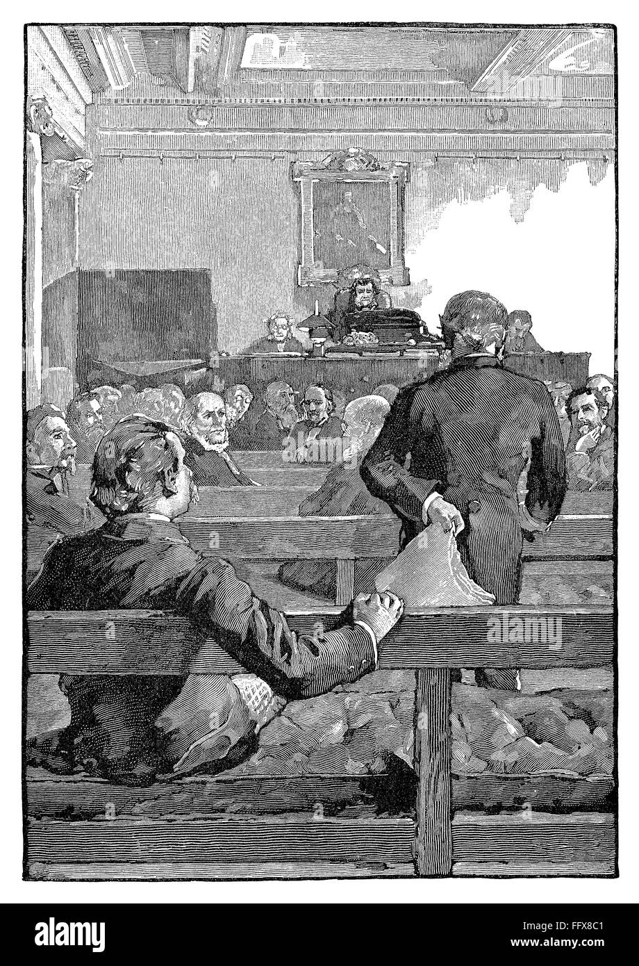 Bianco e nero incisione di una riunione della Royal Society di Londra. Foto Stock