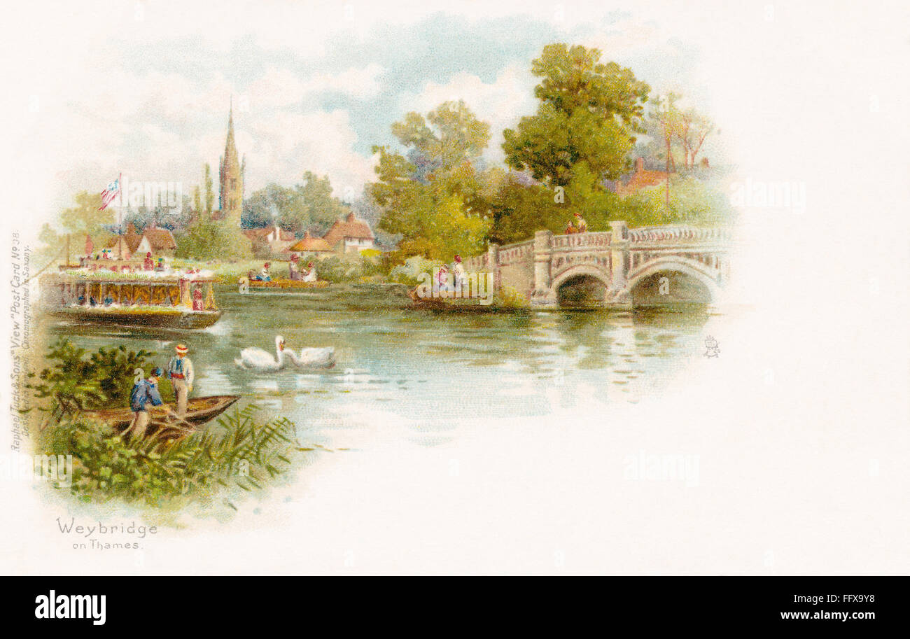 Cartolina con un'illustrazione della città di Weybridge sul Fiume Tamigi. Foto Stock
