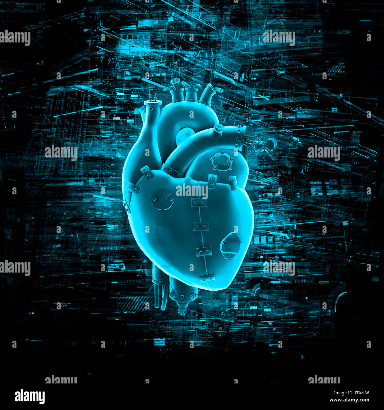 La realtà virtuale cuore / 3D render meccanica del cuore circondato da dati virtuali Foto Stock