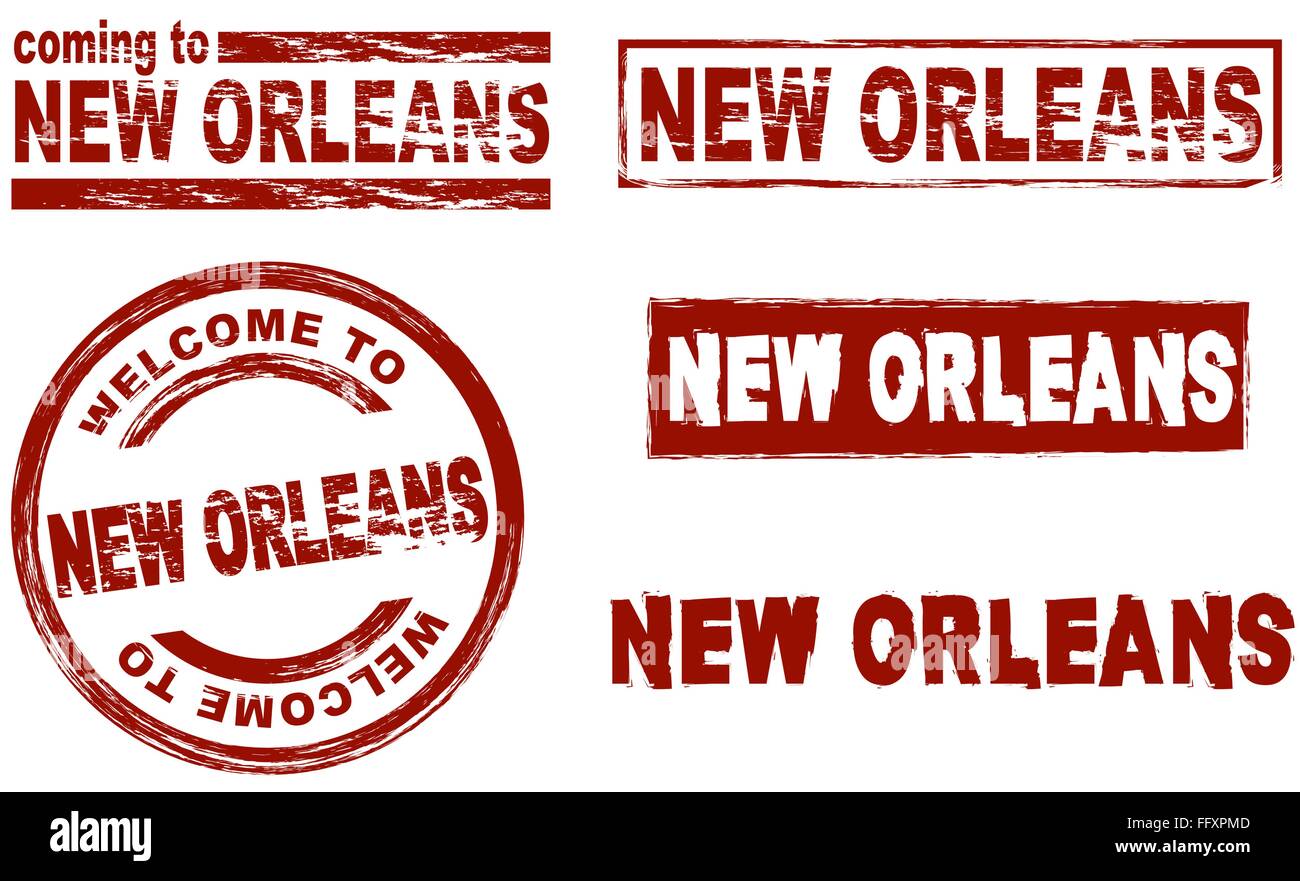 Set di inchiostro stilizzata timbri che mostra la città di New Orleans Illustrazione Vettoriale