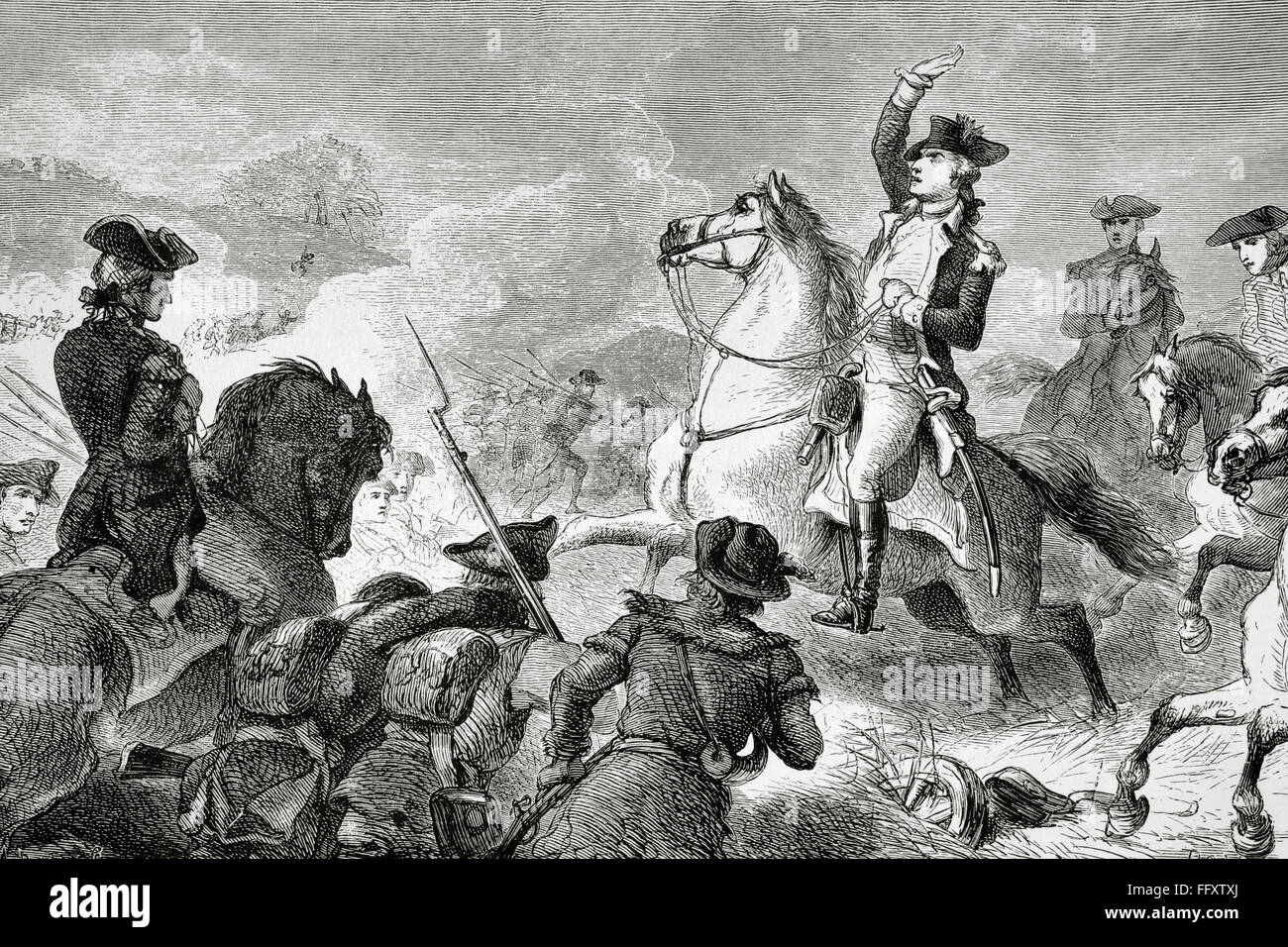 La guerra rivoluzionaria americana (1775-1783). George Washington (1732-1799), il comandante in capo dell'esercito continentale, comandare la truppa nella battaglia di Monmouth (1778). Incisione. Xix secolo. Foto Stock