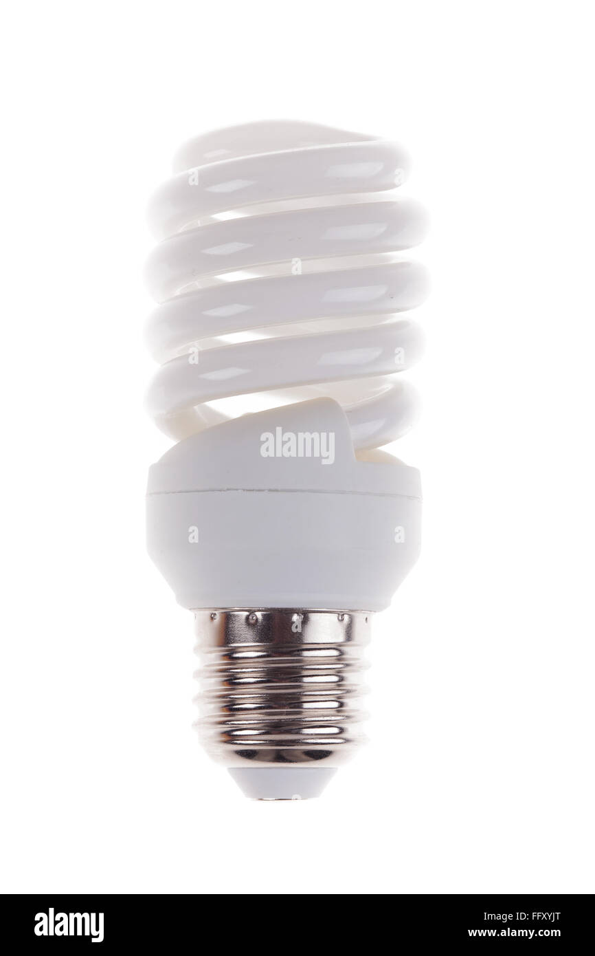 Luce a risparmio energetico la lampadina isolati su sfondo bianco Foto Stock