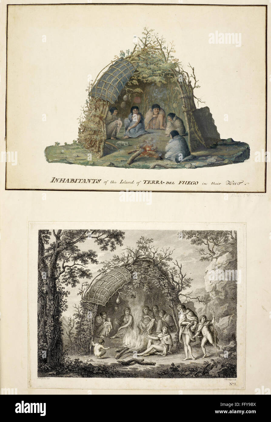 Questo libro descrive in dettaglio i luoghi visitati dal capitano James Cook durante il suo primo viaggio (1768-1771), con illustrazioni degli abitanti incontrati. Foto Stock