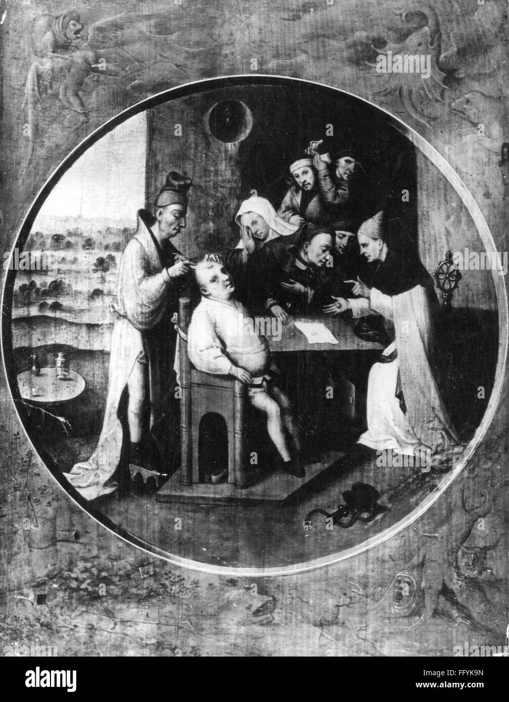 Medicina, operazione, cervello e neurochirurgia, 'taglio della pietra', pittura di Hieronymus Bosch (circa 1450 - 1515), inizio 16 ° secolo, Additional-Rights-Clearences-non disponibile Foto Stock