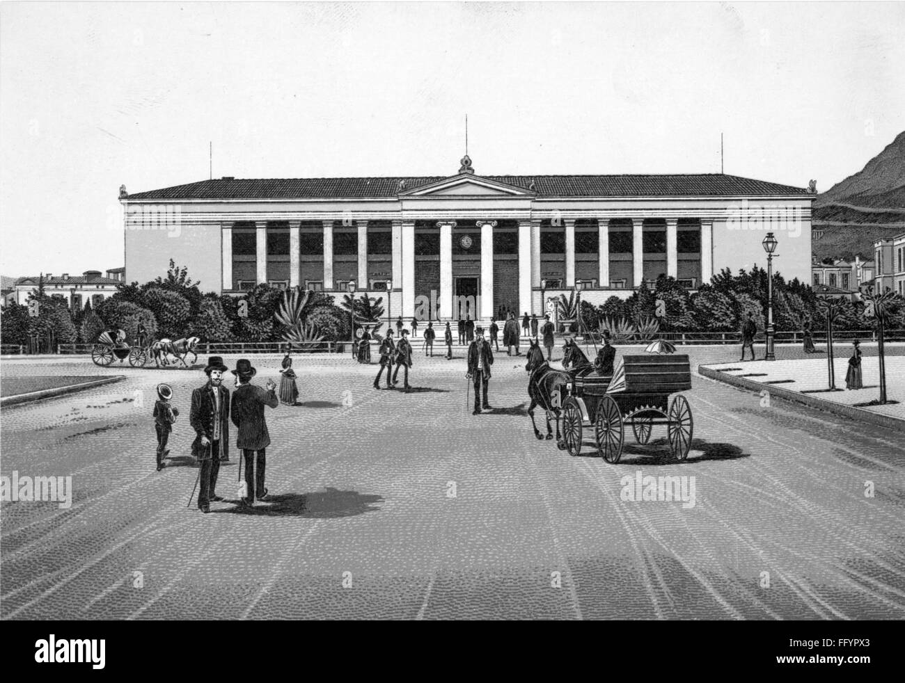 Geografia / viaggio, Grecia, Atene, edifici, università, vista esterna, disegno, XIX secolo, XIX secolo, grafica, grafica, strada, strade, scena stradale, scene di strada, pedonale, pedoni, passerby, passerby, passerelle, pullman trainato da cavalli, pullman, carrozza, carrozze, carrozze, carrozze, carrozze, carrozze, cavalli, colonna, colonne, Europa meridionale, architettura, edifici, università, edifici storici, università, edifici storici, università, edifici Diritti-aggiuntivi-clearences-non-disponibili Foto Stock