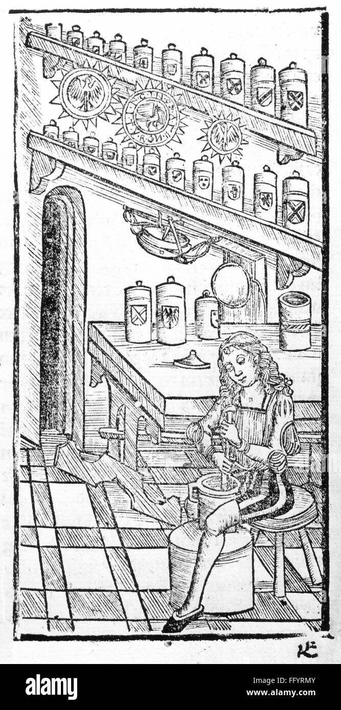Medicina, farmacia, farmacia, farmacia, medicina di miscelazione farmacie, taglio di legno, dettaglio, da: Hieronymus Brunschwig (circa 1450 - circa 1512), 'Das Buch der Cirurgia', stampa: Johann Grüninger, Strasbourg, 1497, diritti-aggiuntivi-clearences-not available Foto Stock