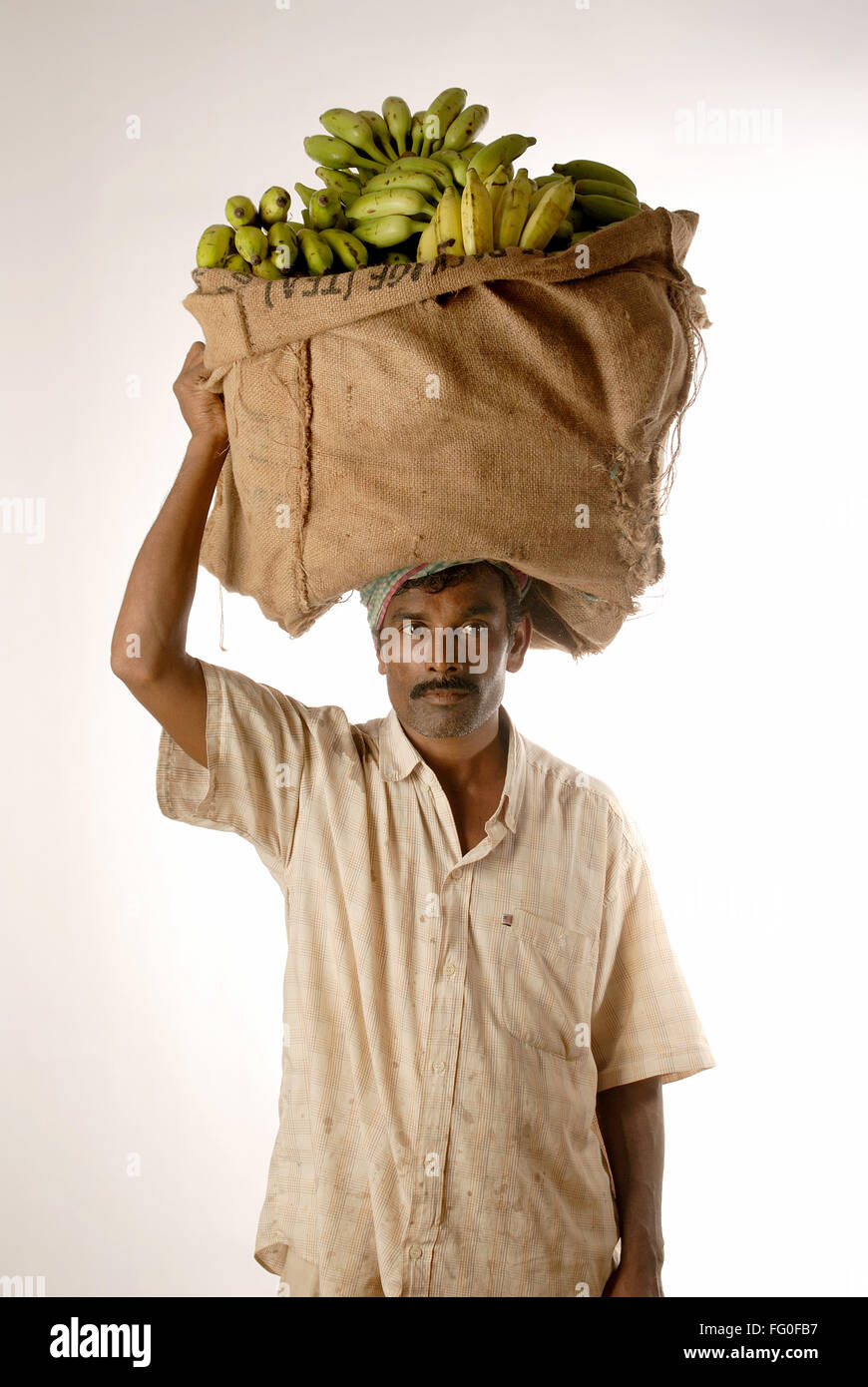 Uomo indiano professione venditore di frutta con carico sulla testa signor # 693I Foto Stock