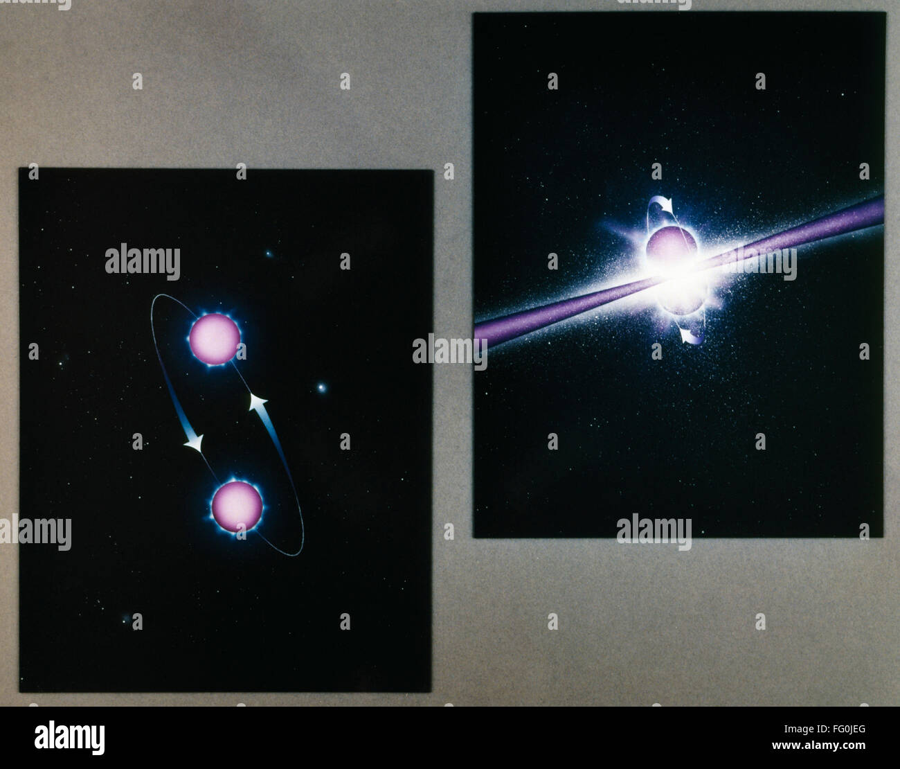 GAMMA-ray burst. /NNASA computer illustrazioni, c1993, mostrando una teoria di che cosa provoca la gamma-ray bursts. A sinistra due stelle di neutroni orbita intorno a ogni altro finché essi eventualmente toccare e unisci. A destra, la fusione delle due stelle rilascia una "palla di fuoco " Foto Stock