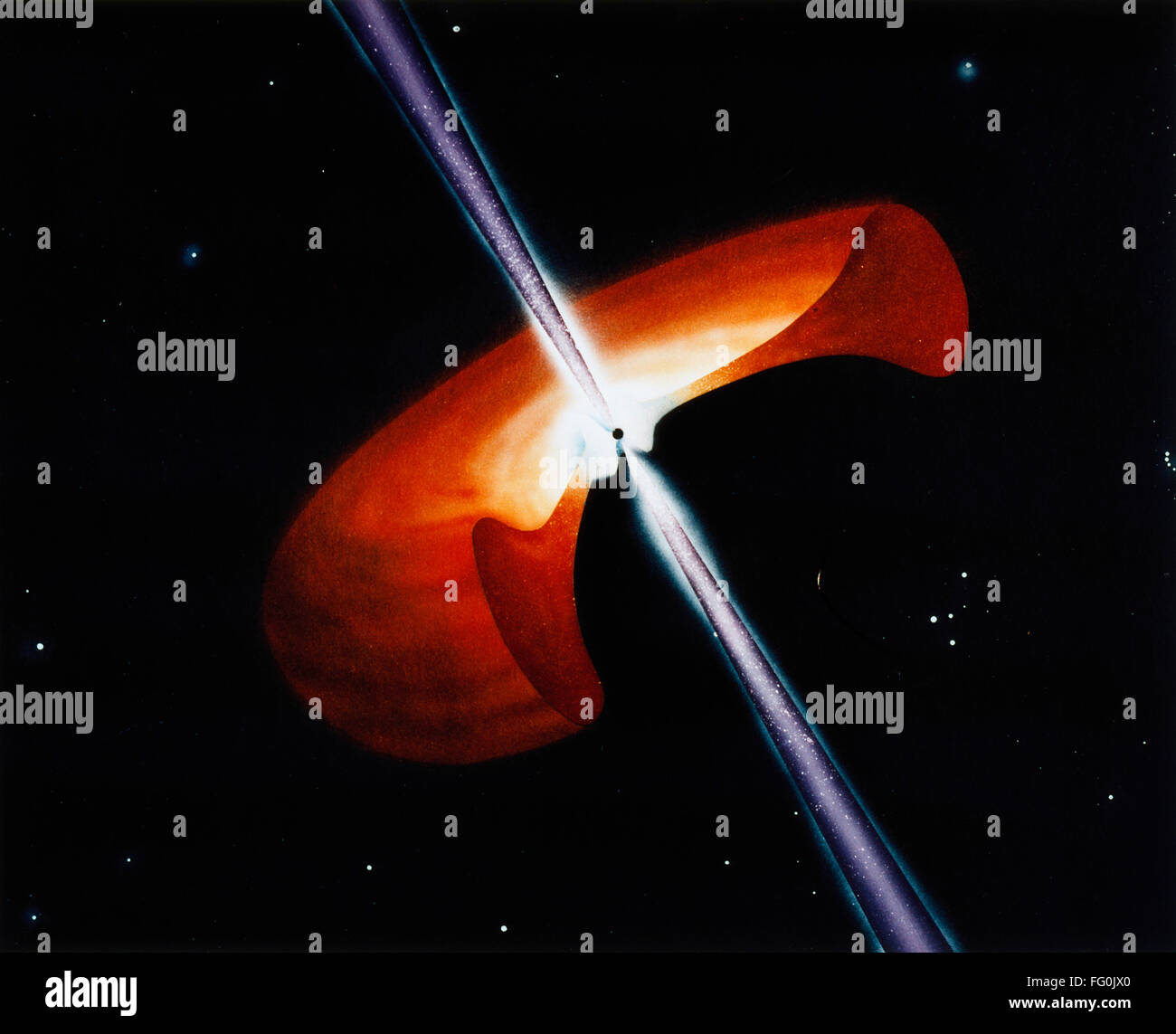 Spazio: Gamma-ray burst. /NIllustration mostra una gamma-ray burst causato dalla collisione di due stelle di neutroni, c1993. Foto Stock