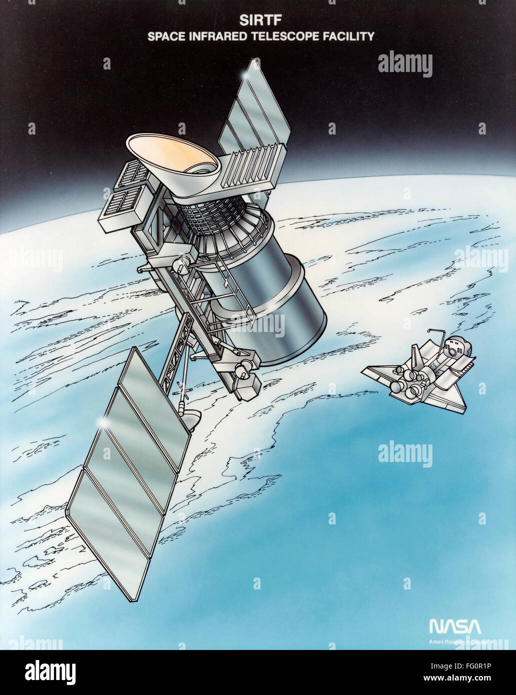 Telescopio spaziale Spitzer. /Nil telescopio spaziale Spitzer, precedentemente noto come lo spazio telescopio ad infrarossi Facility, un Infrared Space Observatory in orbita attorno al Sole, lanciato da una navetta spaziale nel 2003. Illustrazione, c2003. Foto Stock