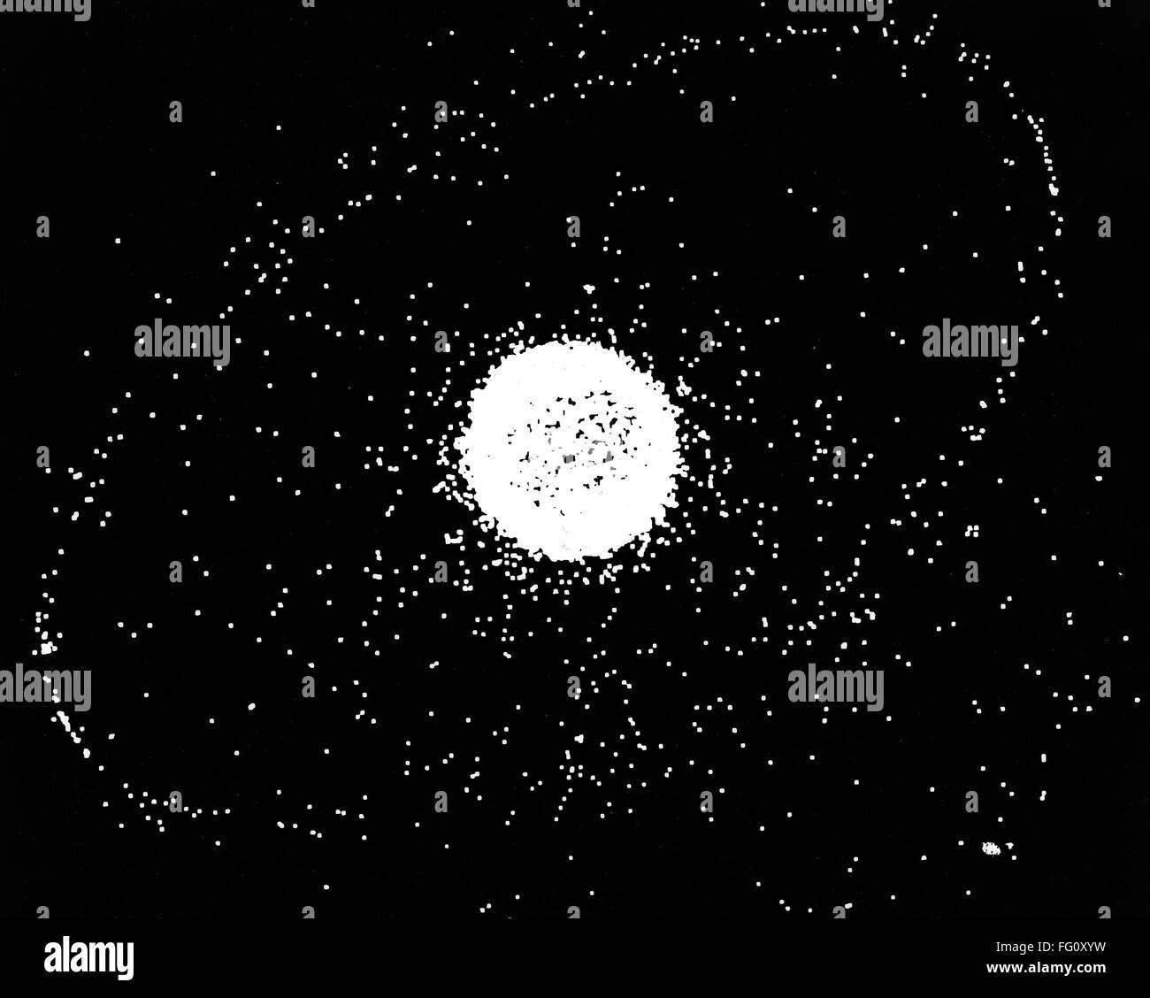 Spazio: orbita detriti, 1987. /NComputer grafico che mostra le posizioni di migliaia di satelliti, trascorse gli stadi del razzo e rottura detriti nella bassa massa-orbita. Prodotte a partire da dati raccolti dal NORAD, 1987. Foto Stock