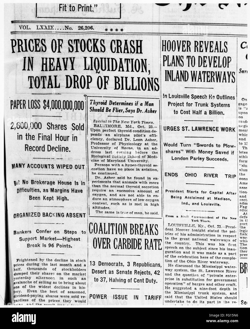 WALL STREET CRASH 1929. NDetail dalla prima pagina del New York Times 24 ottobre 1929 la creazione di report su il forte declino dei prezzi nella precedente giornata di negoziazione presso il
