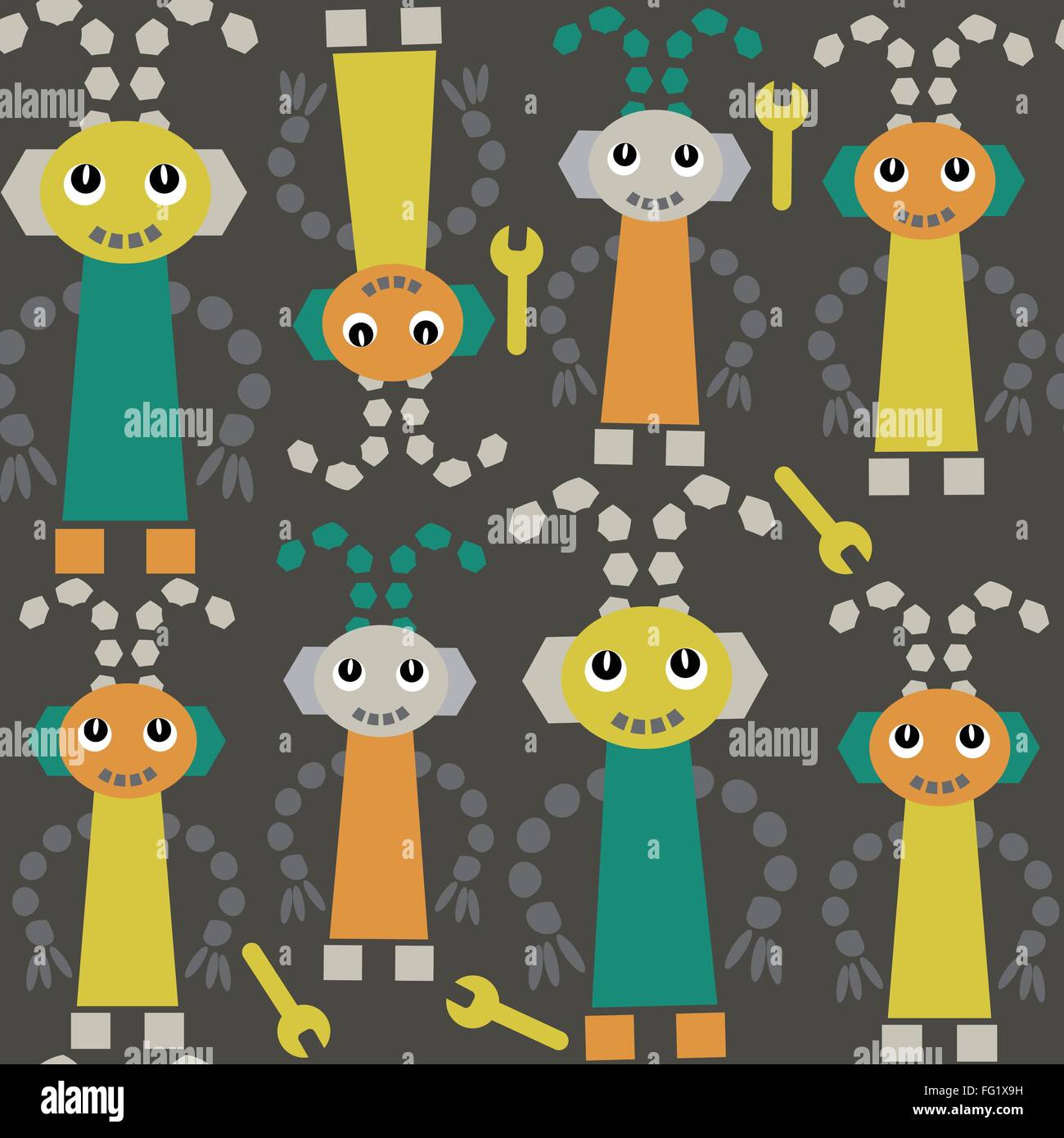 Simpatico robot modello senza soluzione di continuità e senza soluzione di continuità nel modello swatch menu, vettore. Carino texture di superficie di progettazione, abbigliamento, piatti e Illustrazione Vettoriale