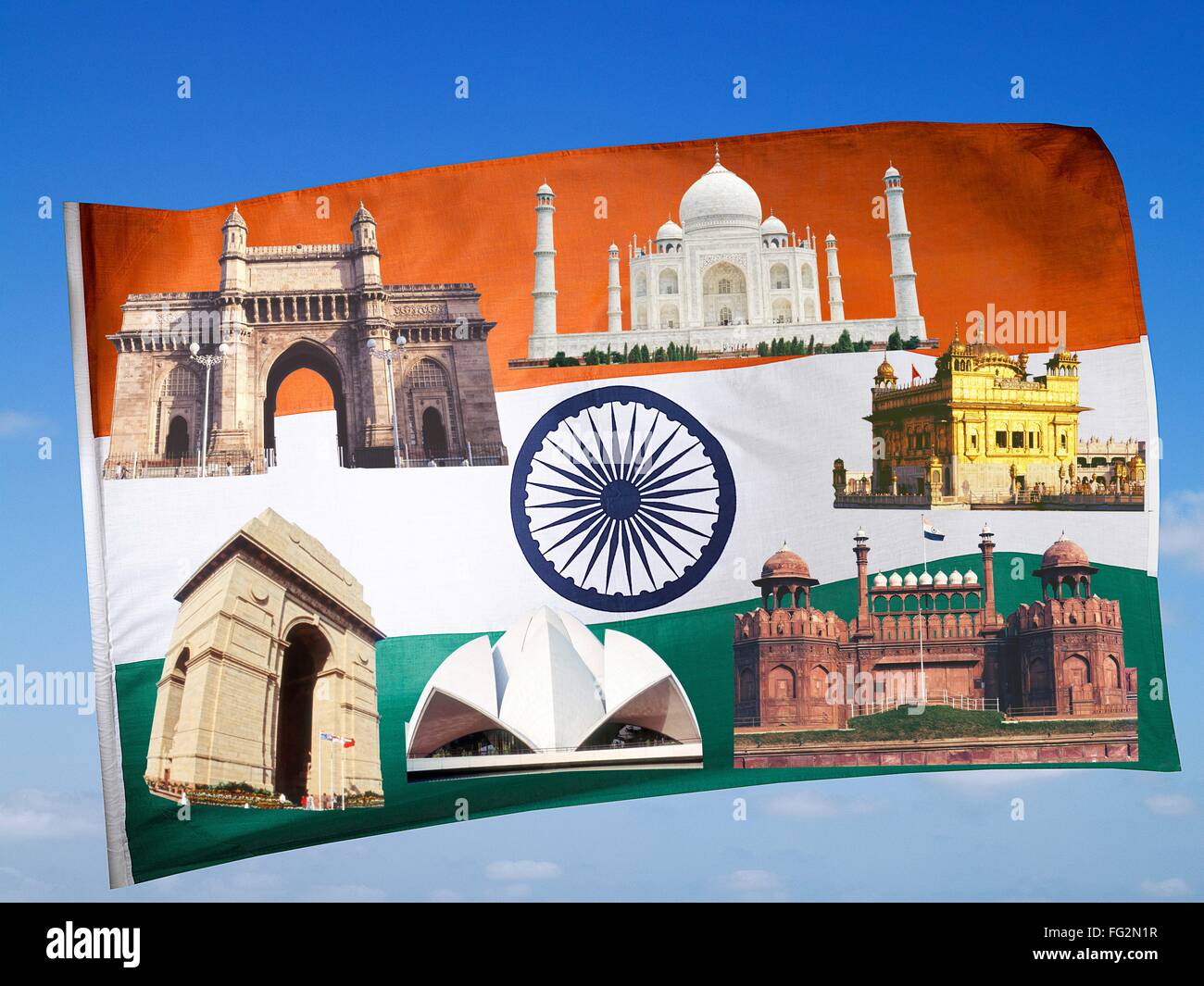 Bandiera nazionale di monumenti famosi nel cielo blu Foto Stock