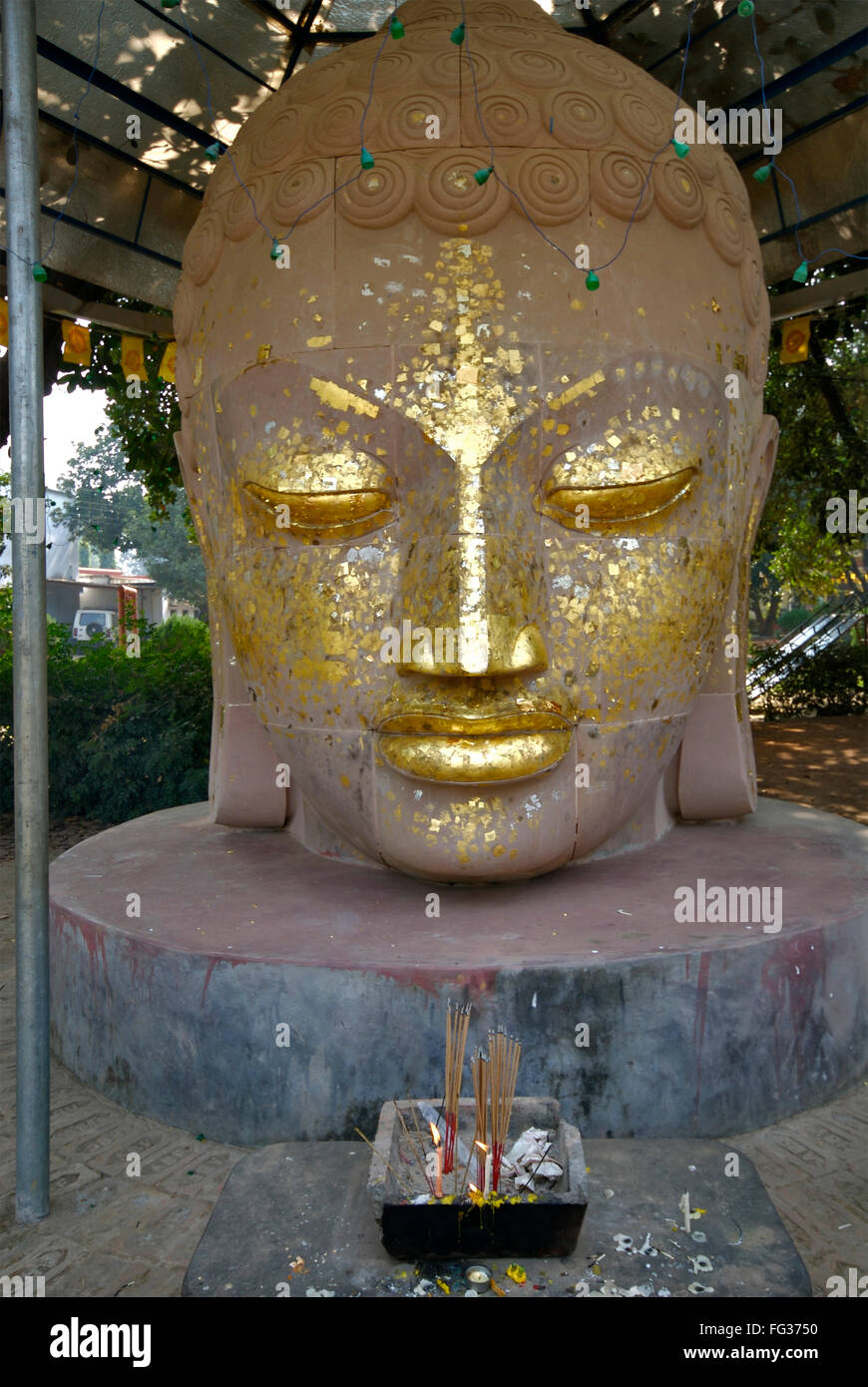 Foglie di oro incollato sulla scultura del Signore Buddha , Sarnath , Varanasi , Uttar Pradesh , India Foto Stock