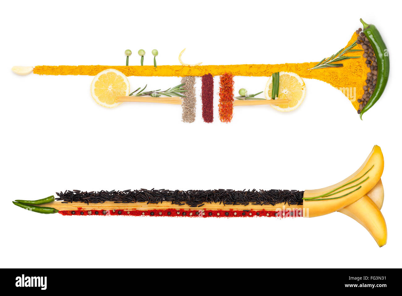 Una foto colorata della tromba fatta di frutta e verdura e spezie. Foto Stock