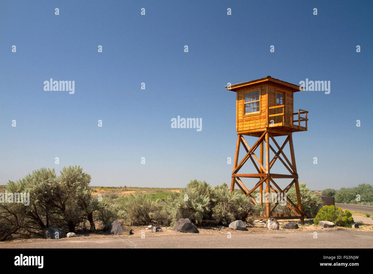 Torre di Guardia di replica a la Minidoka internamento monumento nazionale situato nella contea di Girolamo, Idaho, Stati Uniti d'America. Foto Stock