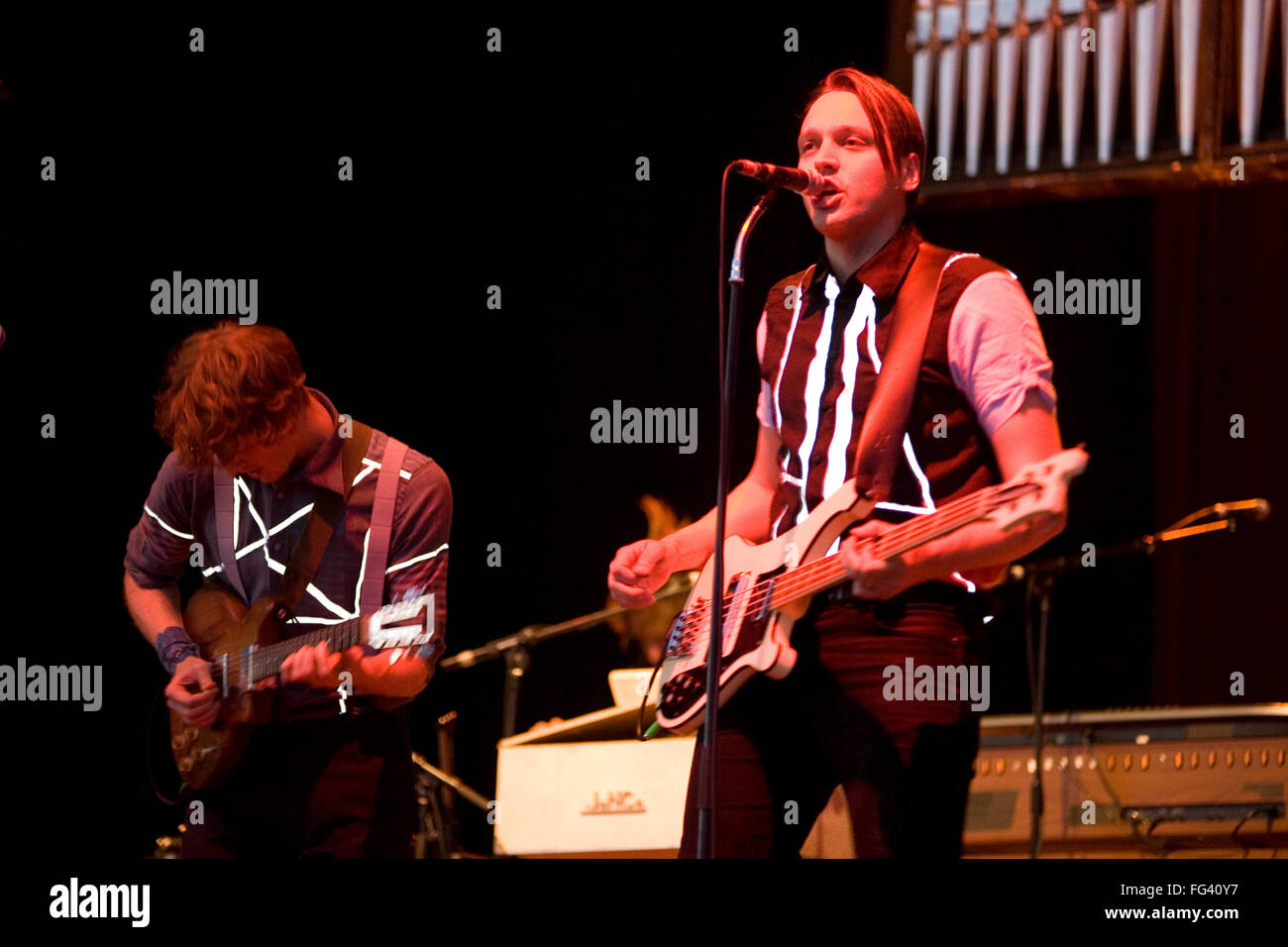 L'Arcade Fire band effettuando al Glastonbury festival 2007. Il Somerset, Inghilterra, Regno Unito. Foto Stock