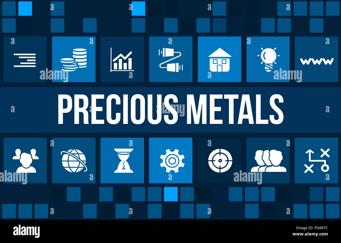 Metalli preziosi Concetto di immagine con le icone di business e copyspace. Foto Stock