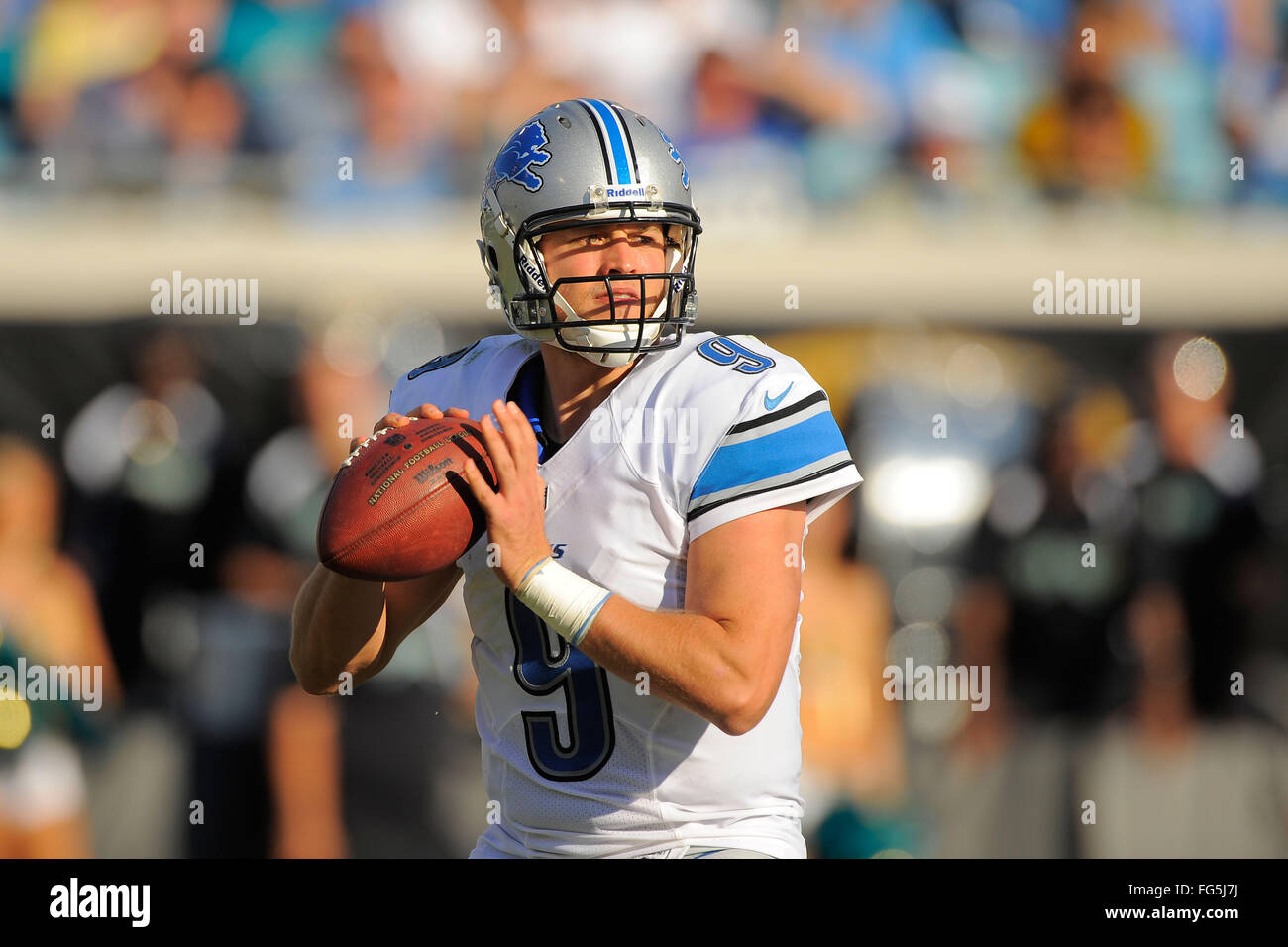Nov. 4, 2012 - Jacksonville, FL, Stati Uniti d'America - Detroit Lions quarterback Matthew Stafford (9) durante il suo team di 31-14 win su Jacksonville Jaguars al campo EverBank il 4 novembre 2012 a Jacksonville, in Florida. ..ZUMA Press/Scott A. Miller. (Credito Immagine: © Scott A. Miller via ZUMA filo) Foto Stock