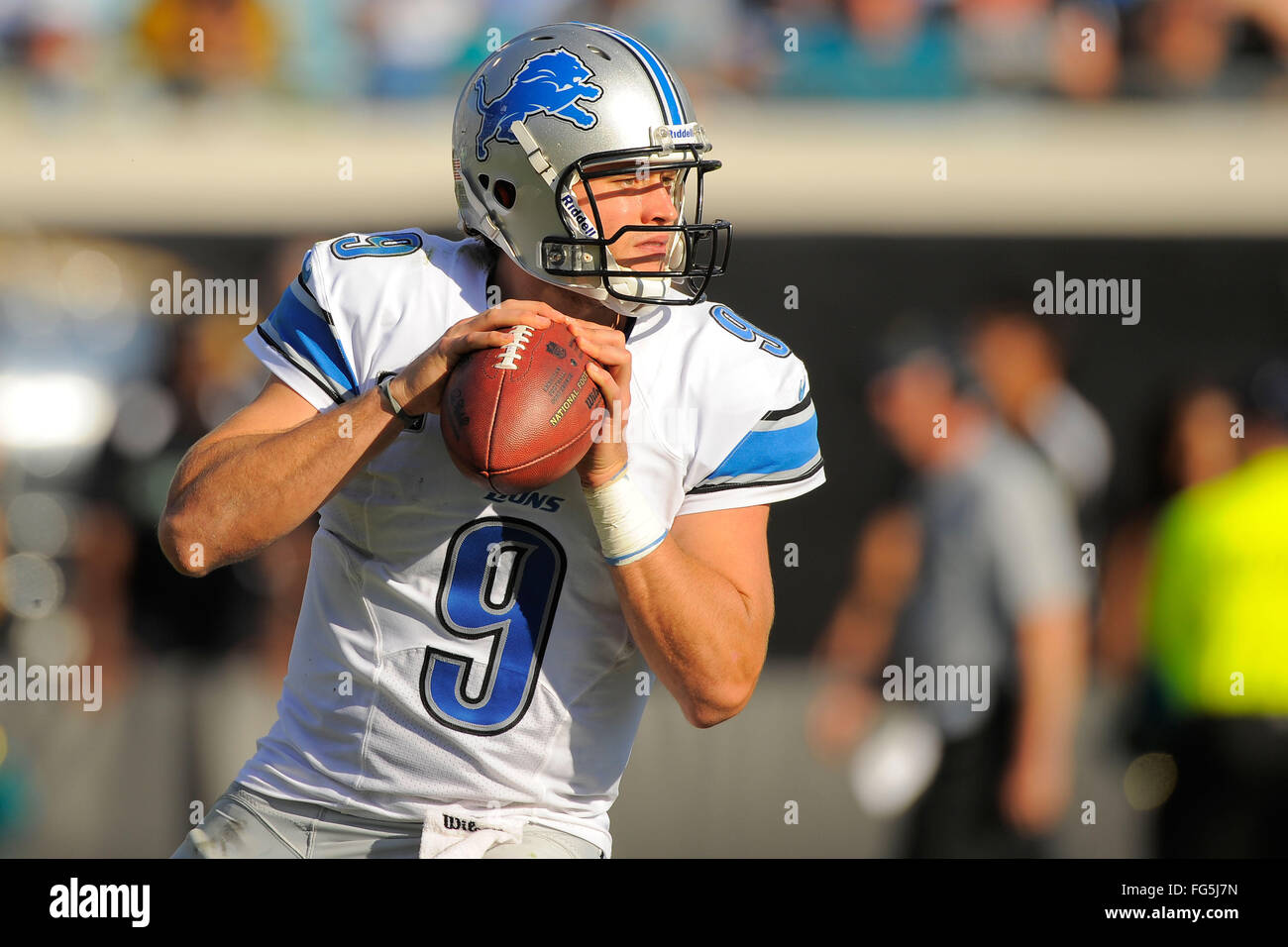 Nov. 4, 2012 - Jacksonville, FL, Stati Uniti d'America - Detroit Lions quarterback Matthew Stafford (9) durante il suo team di 31-14 win su Jacksonville Jaguars al campo EverBank il 4 novembre 2012 a Jacksonville, in Florida. ..ZUMA Press/Scott A. Miller. (Credito Immagine: © Scott A. Miller via ZUMA filo) Foto Stock