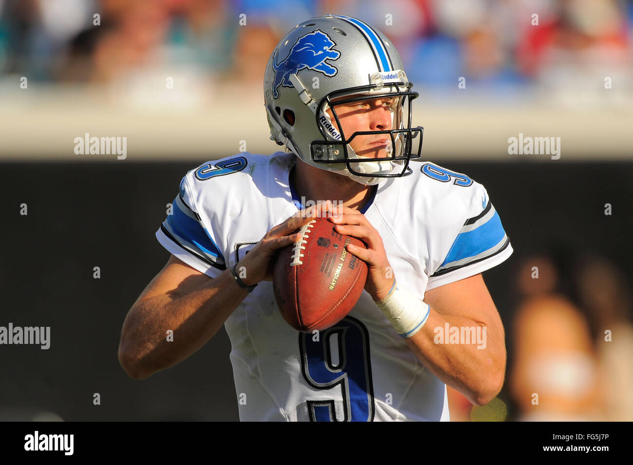 Nov. 4, 2012 - Jacksonville, FL, Stati Uniti d'America - Detroit Lions quarterback Matthew Stafford (9) durante il suo team di 31-14 win su Jacksonville Jaguars al campo EverBank il 4 novembre 2012 a Jacksonville, in Florida. ..ZUMA Press/Scott A. Miller. (Credito Immagine: © Scott A. Miller via ZUMA filo) Foto Stock