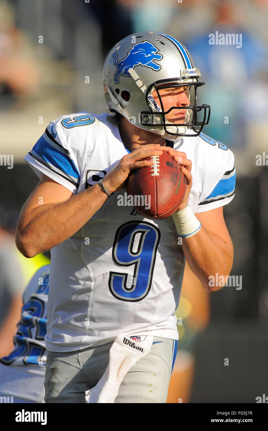 Nov. 4, 2012 - Jacksonville, FL, Stati Uniti d'America - Detroit Lions quarterback Matthew Stafford (9) guarda a buttare durante il Lions 31-14 win su Jacksonville Jaguars al campo EverBank il 4 novembre 2012 a Jacksonville, in Florida. ..ZUMA Press/Scott A. Miller. (Credito Immagine: © Scott A. Miller via ZUMA filo) Foto Stock