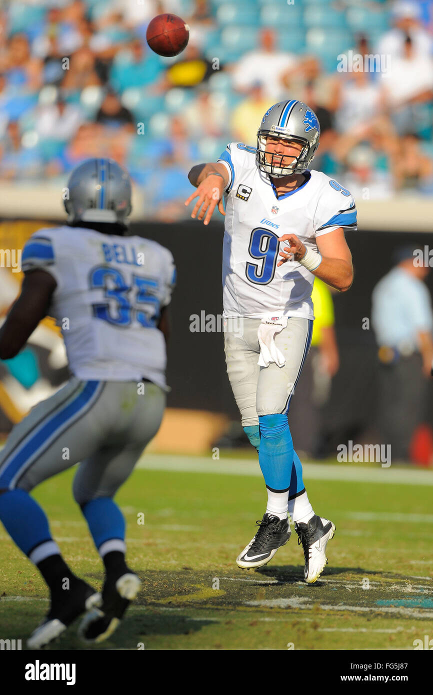 Nov. 4, 2012 - Jacksonville, FL, Stati Uniti d'America - Detroit Lions quarterback Matthew Stafford (9) durante il suo team di 31-14 win su Jacksonville Jaguars al campo EverBank il 4 novembre 2012 a Jacksonville, in Florida. ..ZUMA Press/Scott A. Miller. (Credito Immagine: © Scott A. Miller via ZUMA filo) Foto Stock