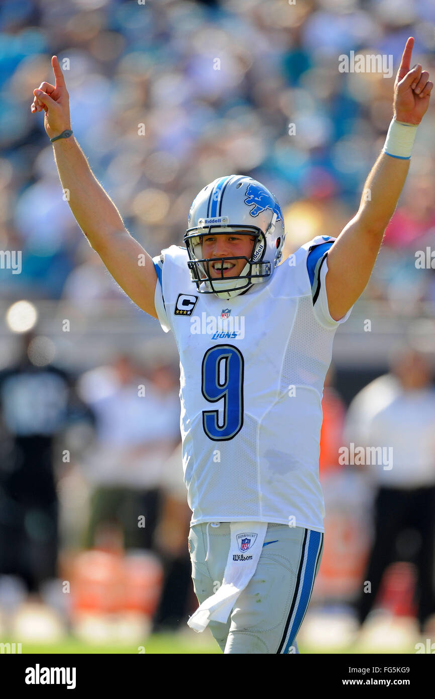 Nov. 4, 2012 - Jacksonville, FL, Stati Uniti d'America - Detroit Lions quarterback Matthew Stafford (9) celebra un touchdown durante il suo team di 31-14 win su Jacksonville Jaguars al campo EverBank il 4 novembre 2012 a Jacksonville, in Florida. ..ZUMA Press/Scott A. Miller. (Credito Immagine: © Scott A. Miller via ZUMA filo) Foto Stock
