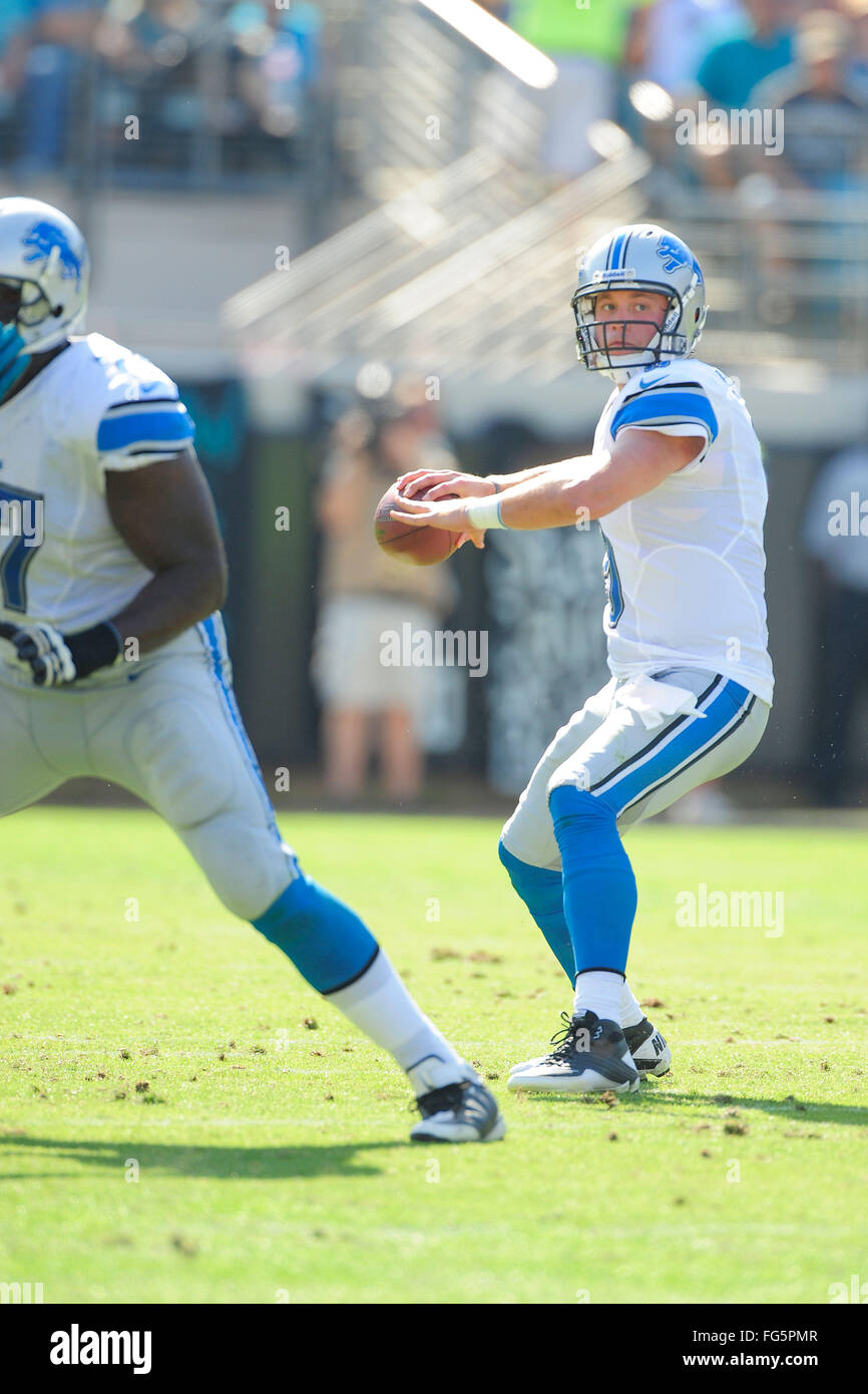 Nov. 4, 2012 - Jacksonville, FL, Stati Uniti d'America - Detroit Lions quarterback Matthew Stafford (9) guarda a buttare durante il Lions 31-14 win su Jacksonville Jaguars al campo EverBank il 4 novembre 2012 a Jacksonville, in Florida. ..ZUMA Press/Scott A. Miller. (Credito Immagine: © Scott A. Miller via ZUMA filo) Foto Stock