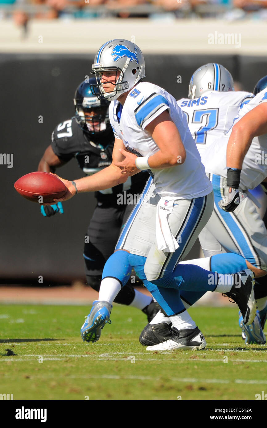Nov. 4, 2012 - Jacksonville, FL, Stati Uniti d'America - Detroit Lions quarterback Matthew Stafford (9) durante il suo team di 31-14 win su Jacksonville Jaguars al campo EverBank il 4 novembre 2012 a Jacksonville, in Florida. ..ZUMA Press/Scott A. Miller. (Credito Immagine: © Scott A. Miller via ZUMA filo) Foto Stock