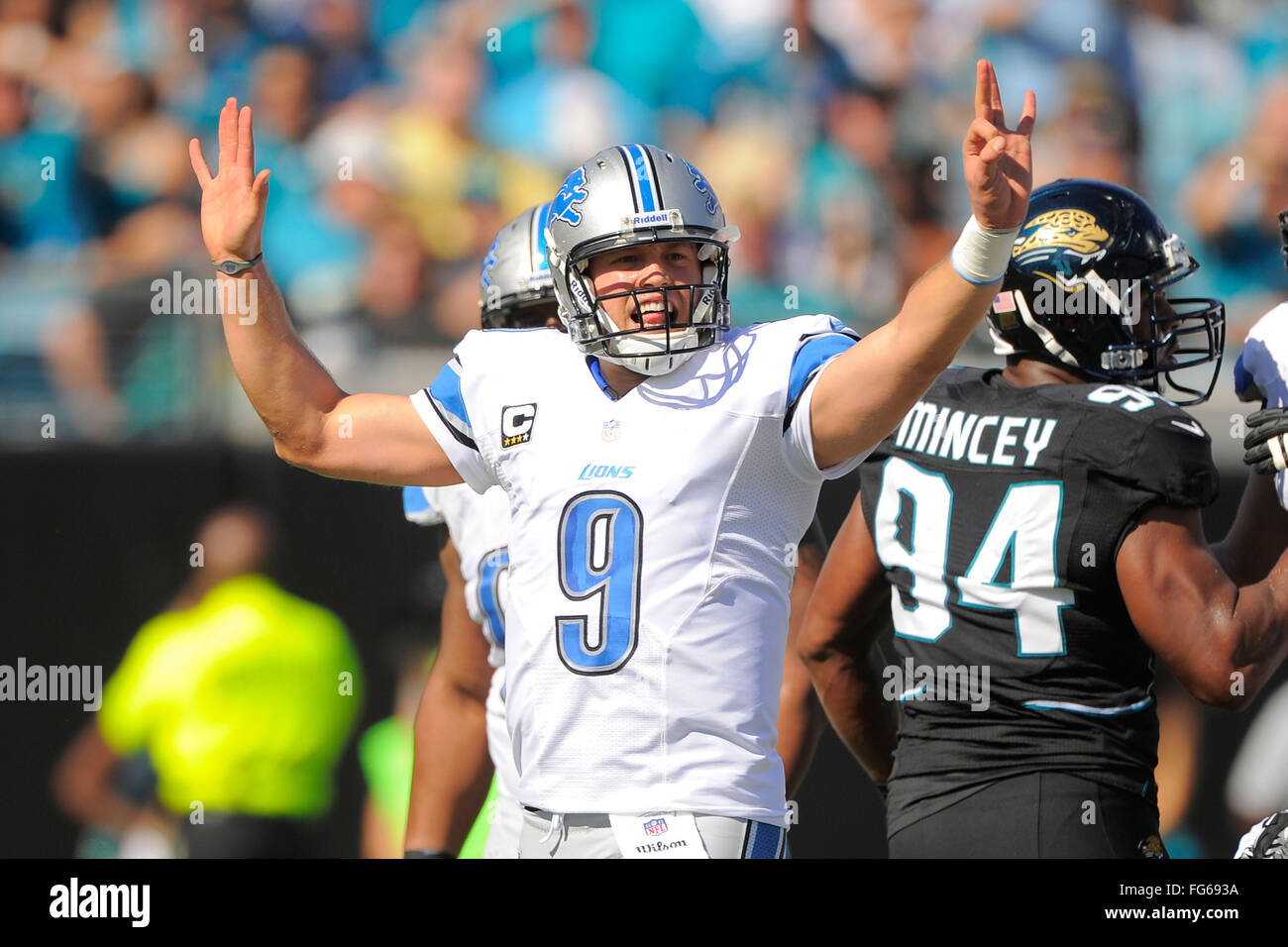 Nov. 4, 2012 - Jacksonville, FL, Stati Uniti d'America - Detroit Lions quarterback Matthew Stafford (9) durante il suo team di 31-14 win su Jacksonville Jaguars al campo EverBank il 4 novembre 2012 a Jacksonville, in Florida. ..ZUMA Press/Scott A. Miller. (Credito Immagine: © Scott A. Miller via ZUMA filo) Foto Stock