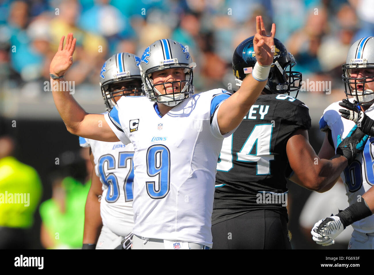 Nov. 4, 2012 - Jacksonville, FL, Stati Uniti d'America - Detroit Lions quarterback Matthew Stafford (9) durante il suo team di 31-14 win su Jacksonville Jaguars al campo EverBank il 4 novembre 2012 a Jacksonville, in Florida. ..ZUMA Press/Scott A. Miller. (Credito Immagine: © Scott A. Miller via ZUMA filo) Foto Stock