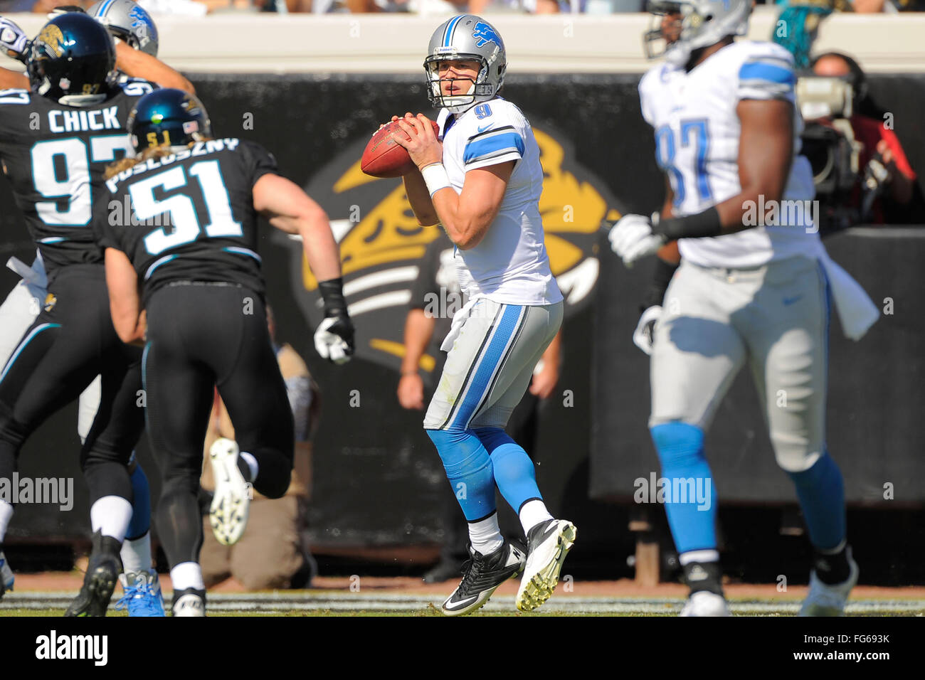 Nov. 4, 2012 - Jacksonville, FL, Stati Uniti d'America - Detroit Lions quarterback Matthew Stafford (9) guarda a buttare durante il Lions 31-14 win su Jacksonville Jaguars al campo EverBank il 4 novembre 2012 a Jacksonville, in Florida. ..ZUMA Press/Scott A. Miller. (Credito Immagine: © Scott A. Miller via ZUMA filo) Foto Stock