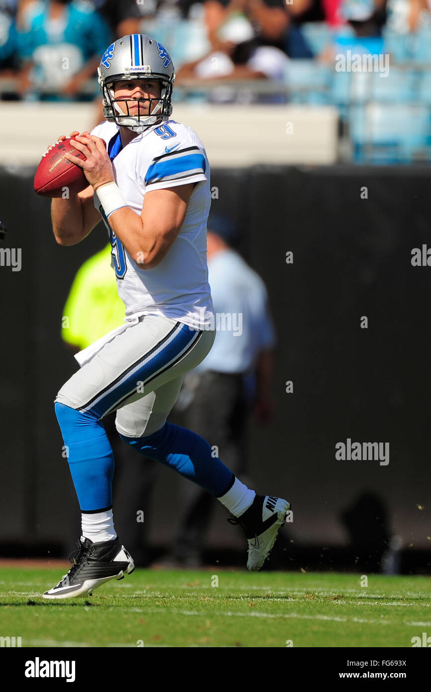 Nov. 4, 2012 - Jacksonville, FL, Stati Uniti d'America - Detroit Lions quarterback Matthew Stafford (9) guarda a buttare durante il suo team di 31-14 win su Jacksonville Jaguars al campo EverBank il 4 novembre 2012 a Jacksonville, in Florida. ..ZUMA Press/Scott A. Miller. (Credito Immagine: © Scott A. Miller via ZUMA filo) Foto Stock