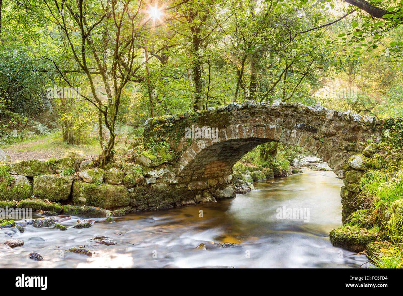 Hisley ponte che attraversa il fiume Bovey, Parco Nazionale di Dartmoor, Lustleigh, Devon, Inghilterra, Regno Unito, Europa. Foto Stock