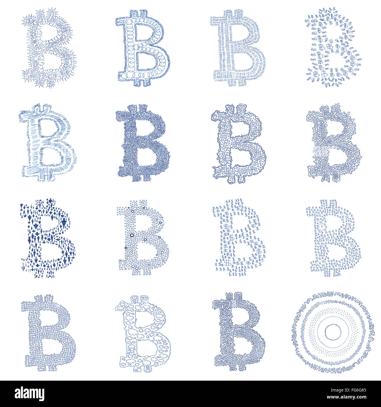 Disegnate a mano logo Bitcoin. Collage di un decentramento digitale crypto simboli di valuta. Foto Stock