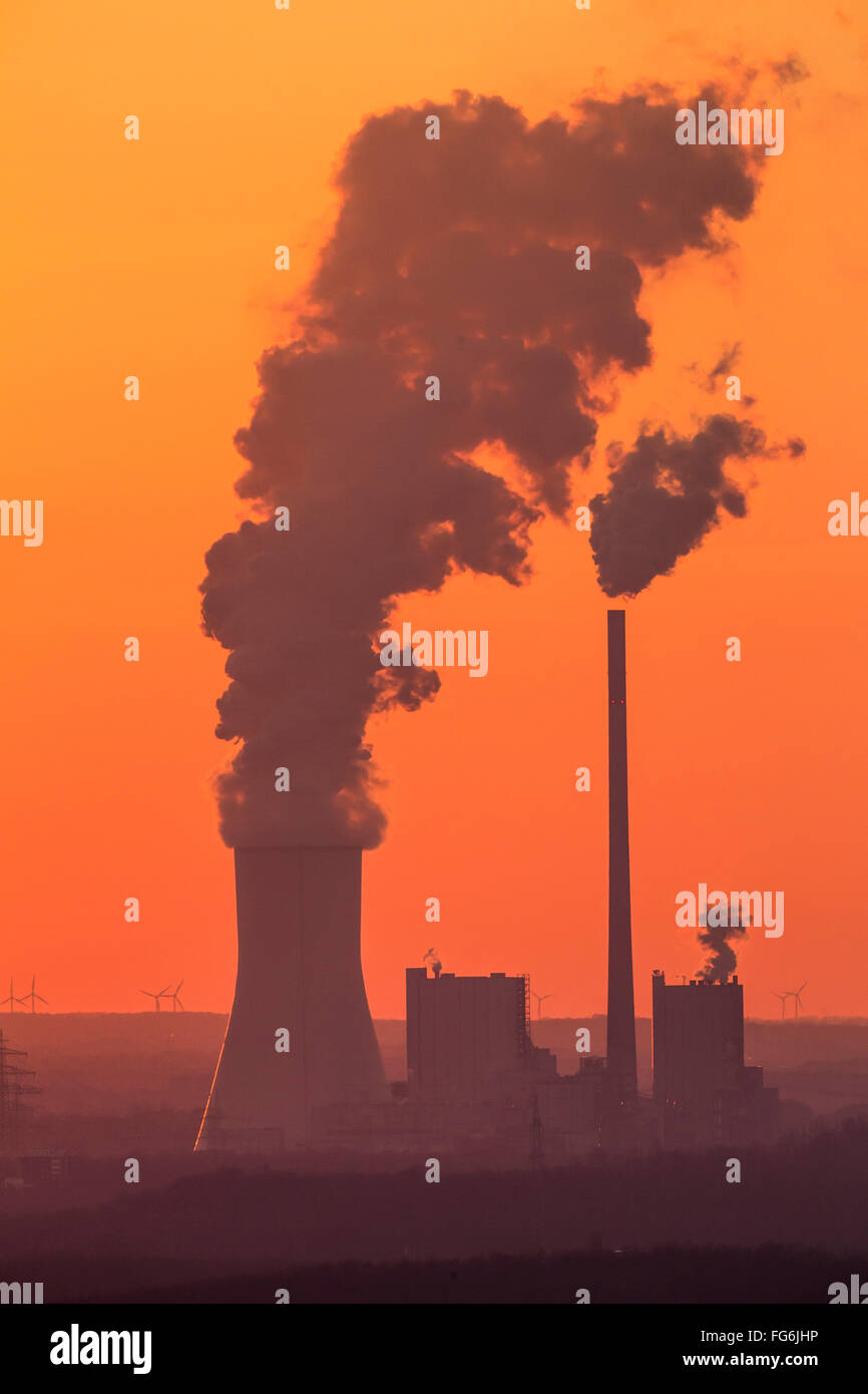 Walsum centrali a carbone vegetale, azionato da STEAG, blocco 9 e 10, a Duisburg in Germania, al tramonto, Foto Stock