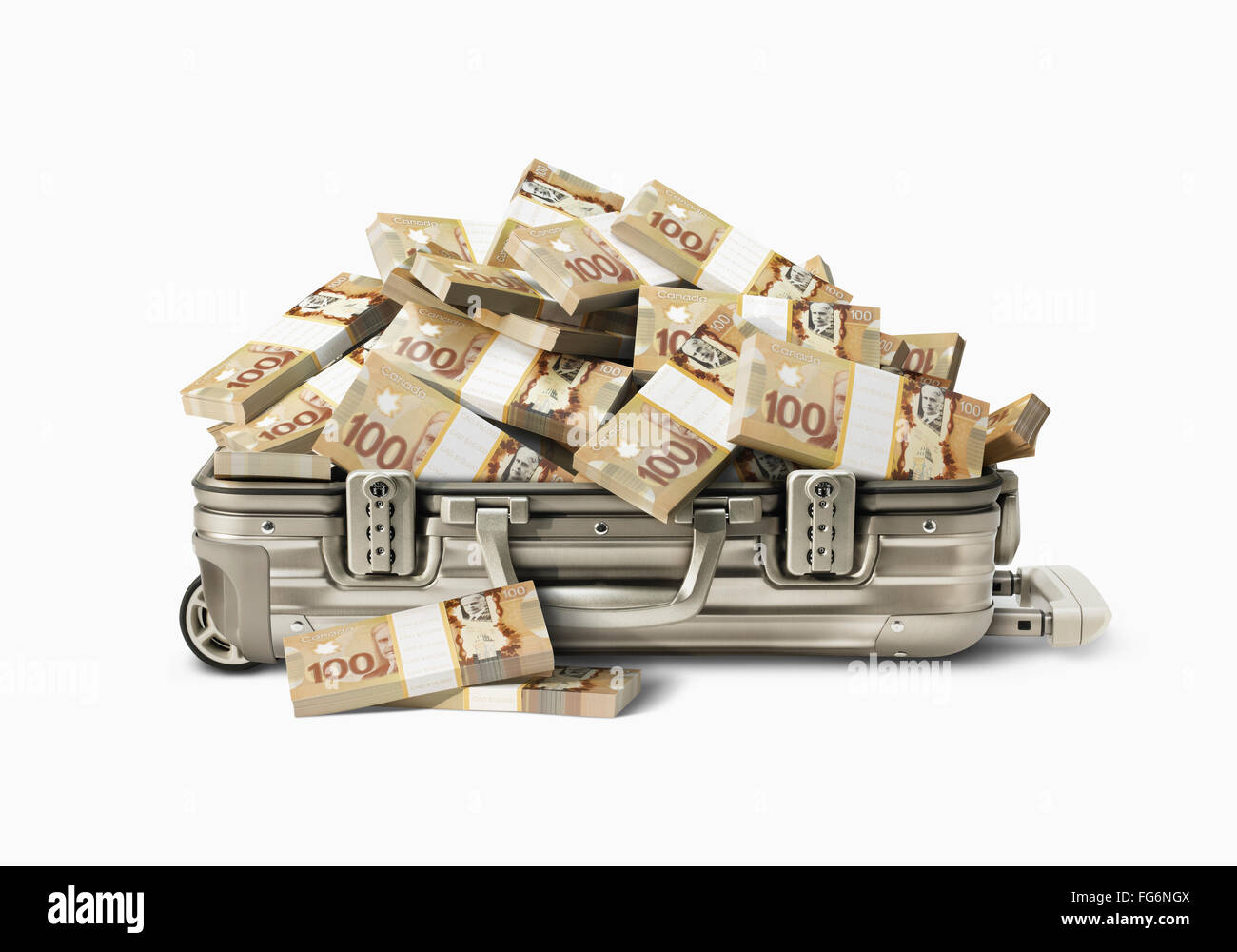 Una valigia traboccante di mazzette di banconote da cento dollari; Toronto, Ontario, Canada Foto Stock