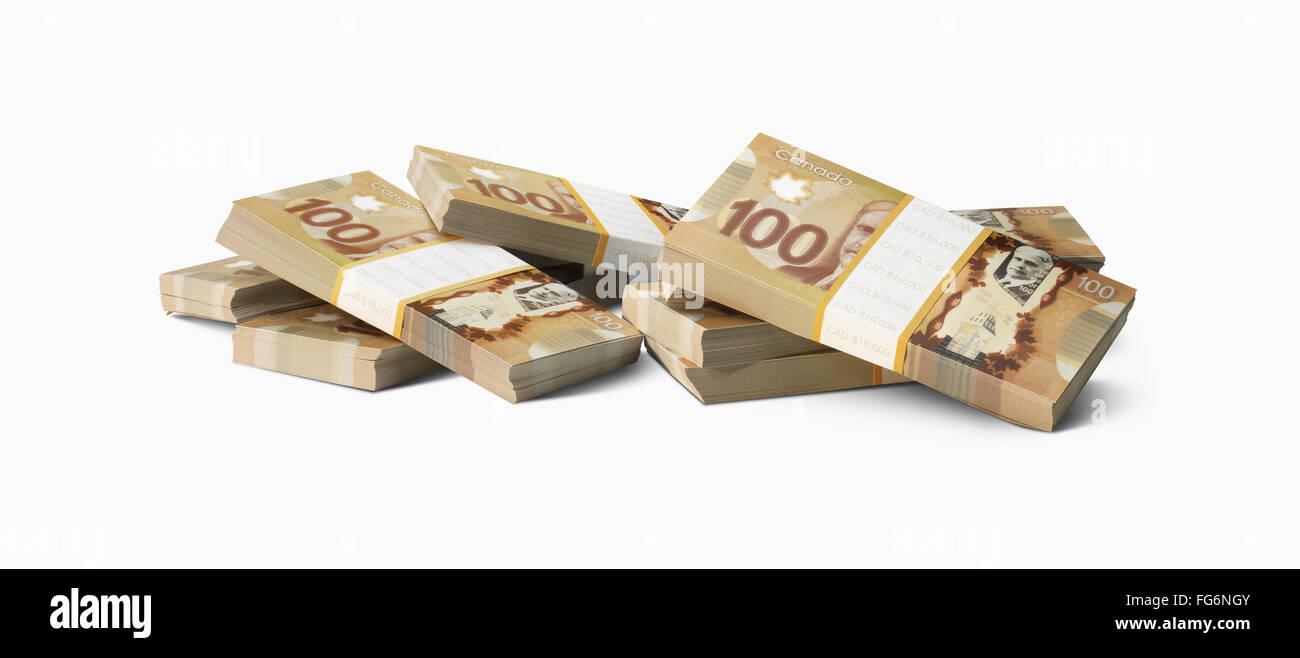 Mazzette di banconote da cento dollari su sfondo bianco; Toronto, Ontario, Canada Foto Stock