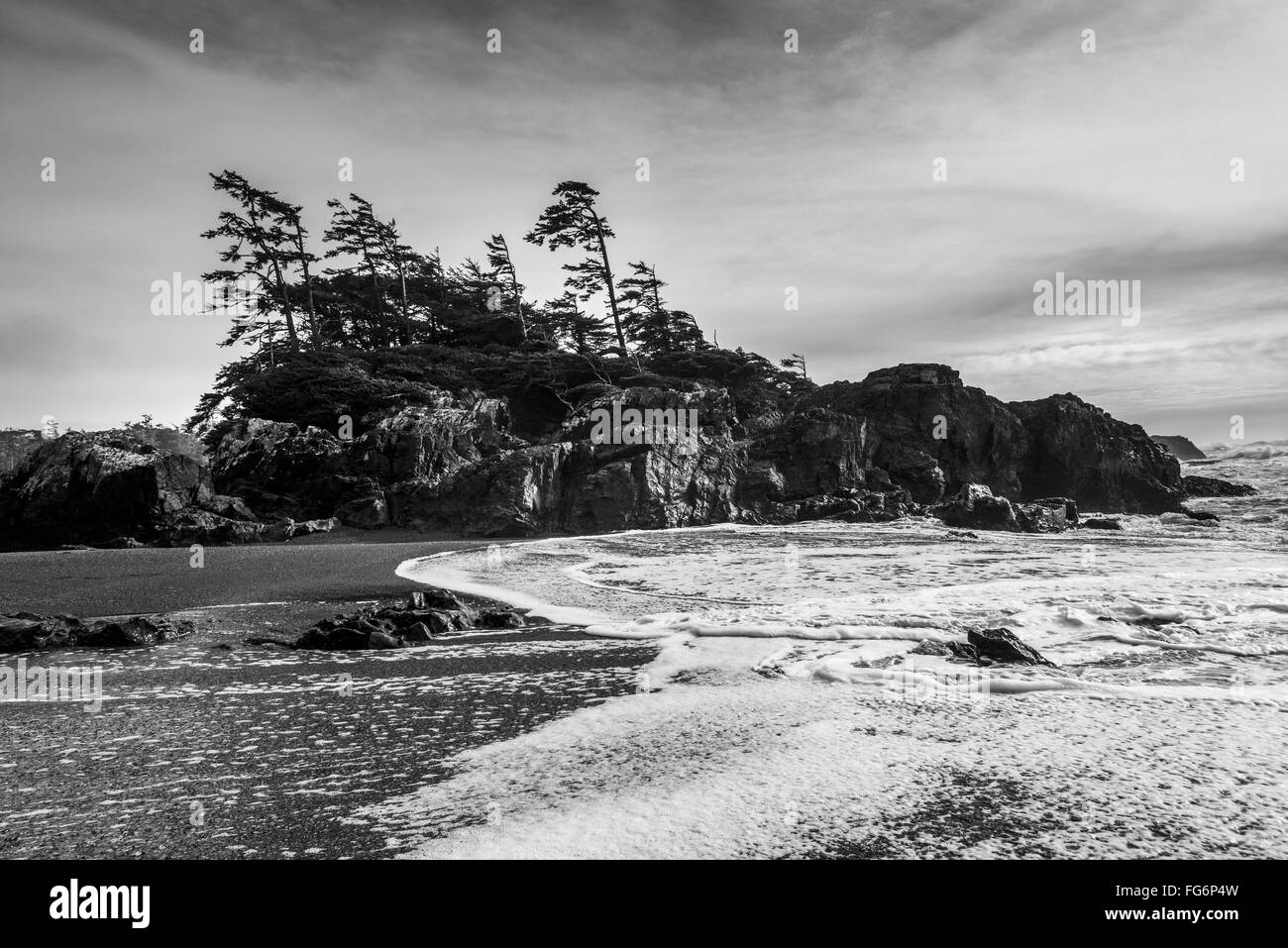 Marea lungo la costa sotto un cielo nuvoloso; Tofino, British Columbia, Canada Foto Stock