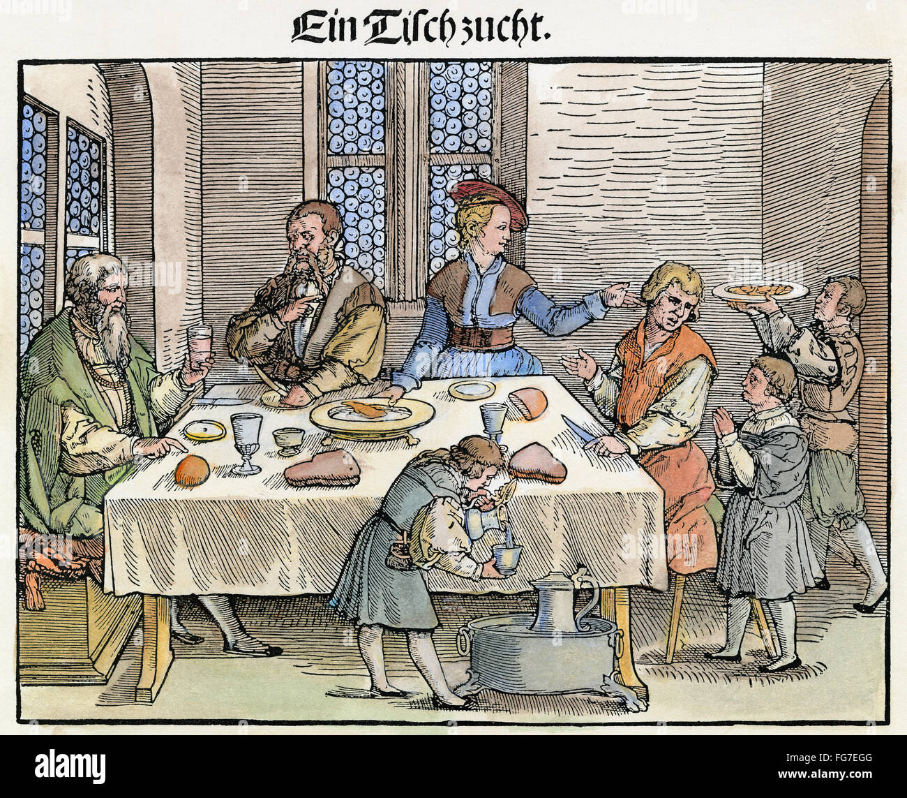 Tabella maniere, c1540. /N'Ein tischzucht.' una famiglia tedesca al tavolo per la cena. Xilografia da George Pencz, c1540. Foto Stock
