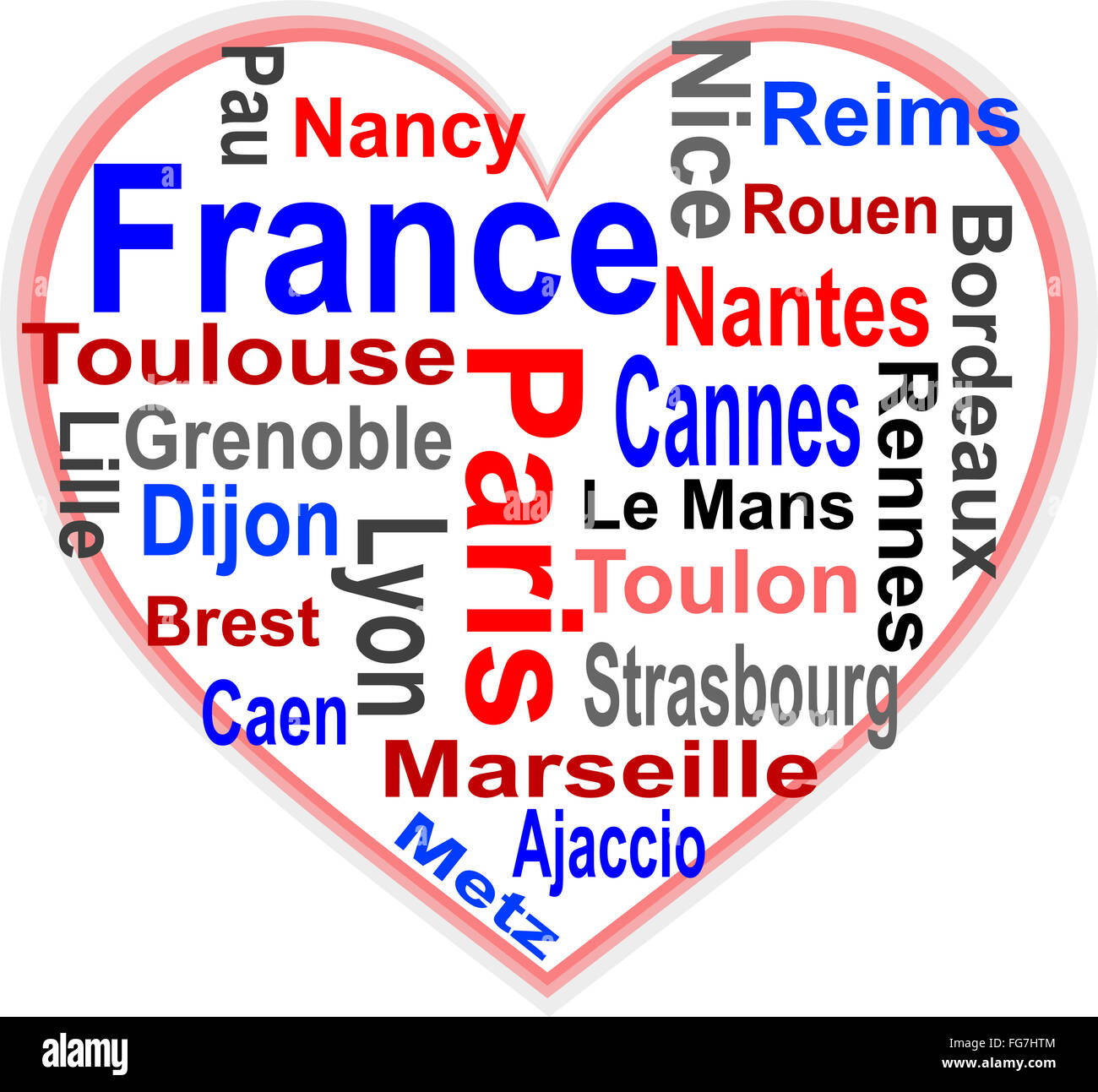 In Francia il cuore e parole cloud con le città più grandi Foto Stock