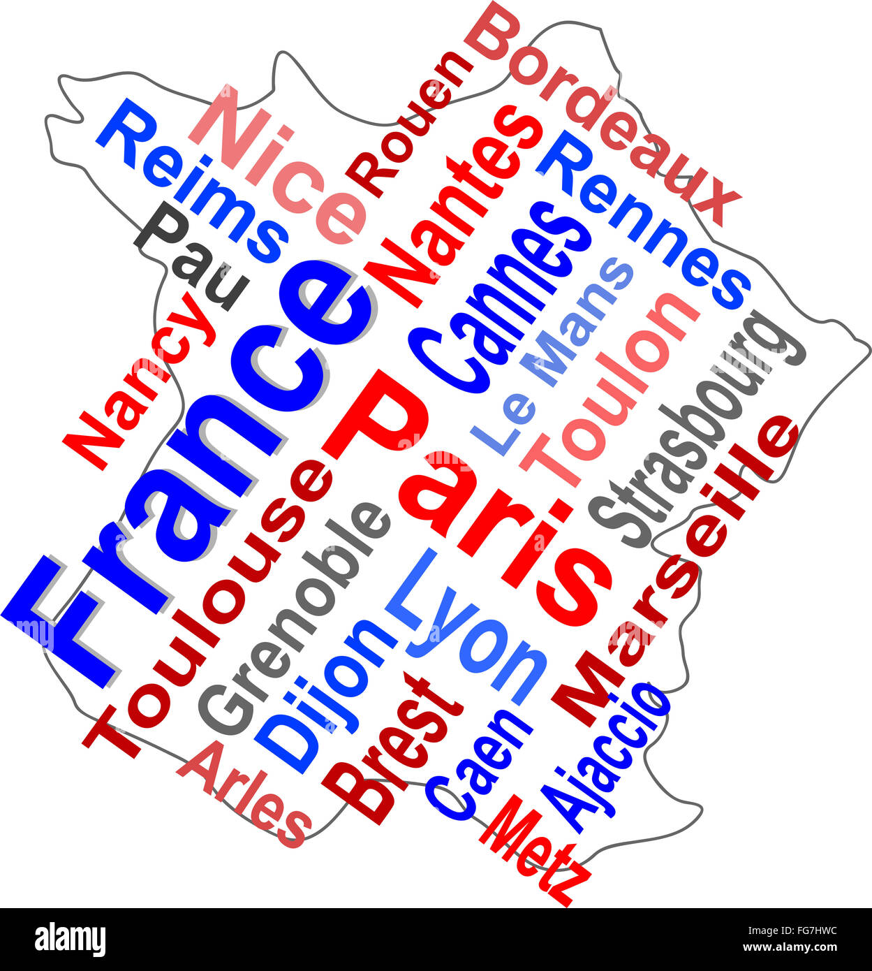 Mappa Francia e parole cloud con le città più grandi Foto Stock