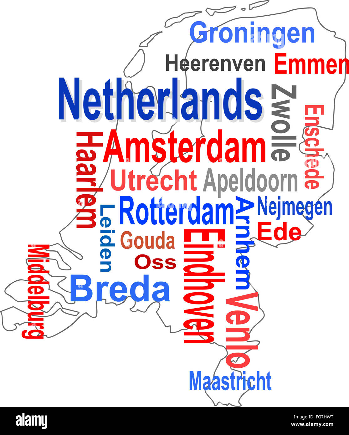 Mappa Holland e parole cloud con le città più grandi Foto Stock