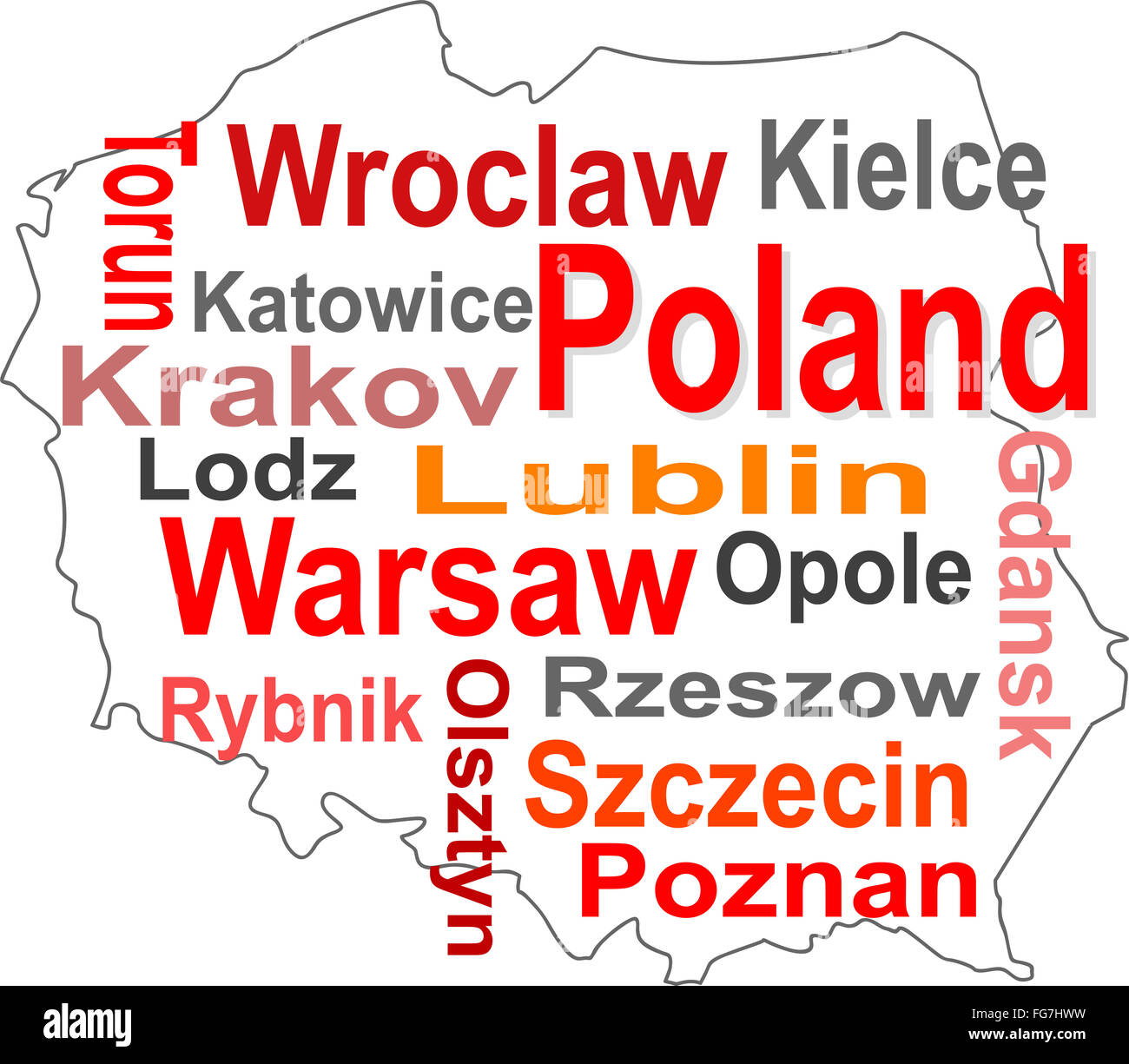 La polonia mappa e parole cloud con le città più grandi Foto Stock